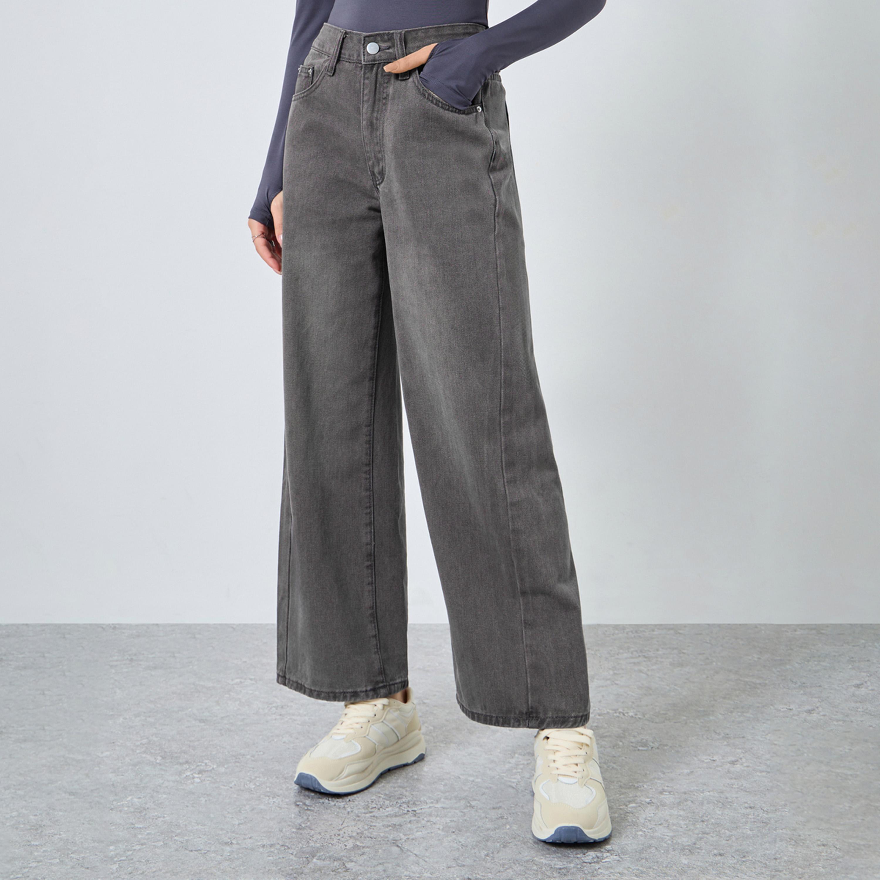 ستايلي - بنطال جينز واسع الساق بخصر مرتفع وباهت-women-clothing-bottoms-jeans-image-1