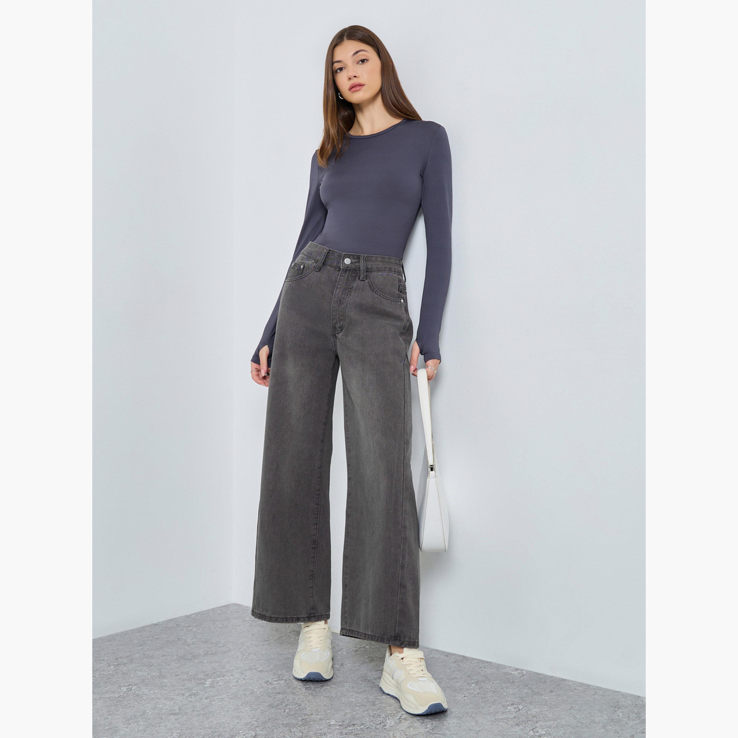 ستايلي - بنطال جينز واسع الساق بخصر مرتفع وباهت-women-clothing-bottoms-jeans-image-2