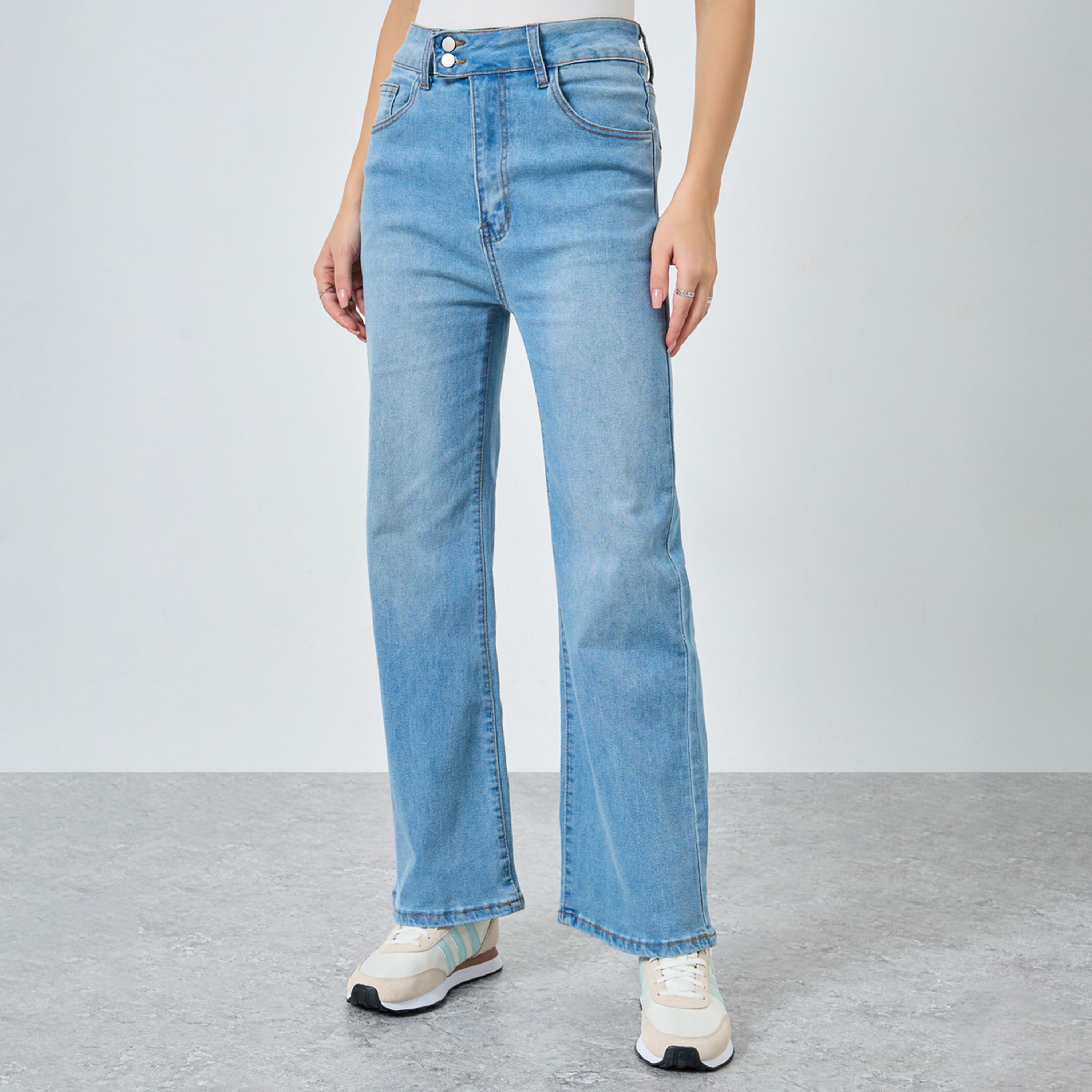 Styli Women Medium Blue High Rise Faded Flared Jeans-women-clothing-bottoms-jeans-image-1