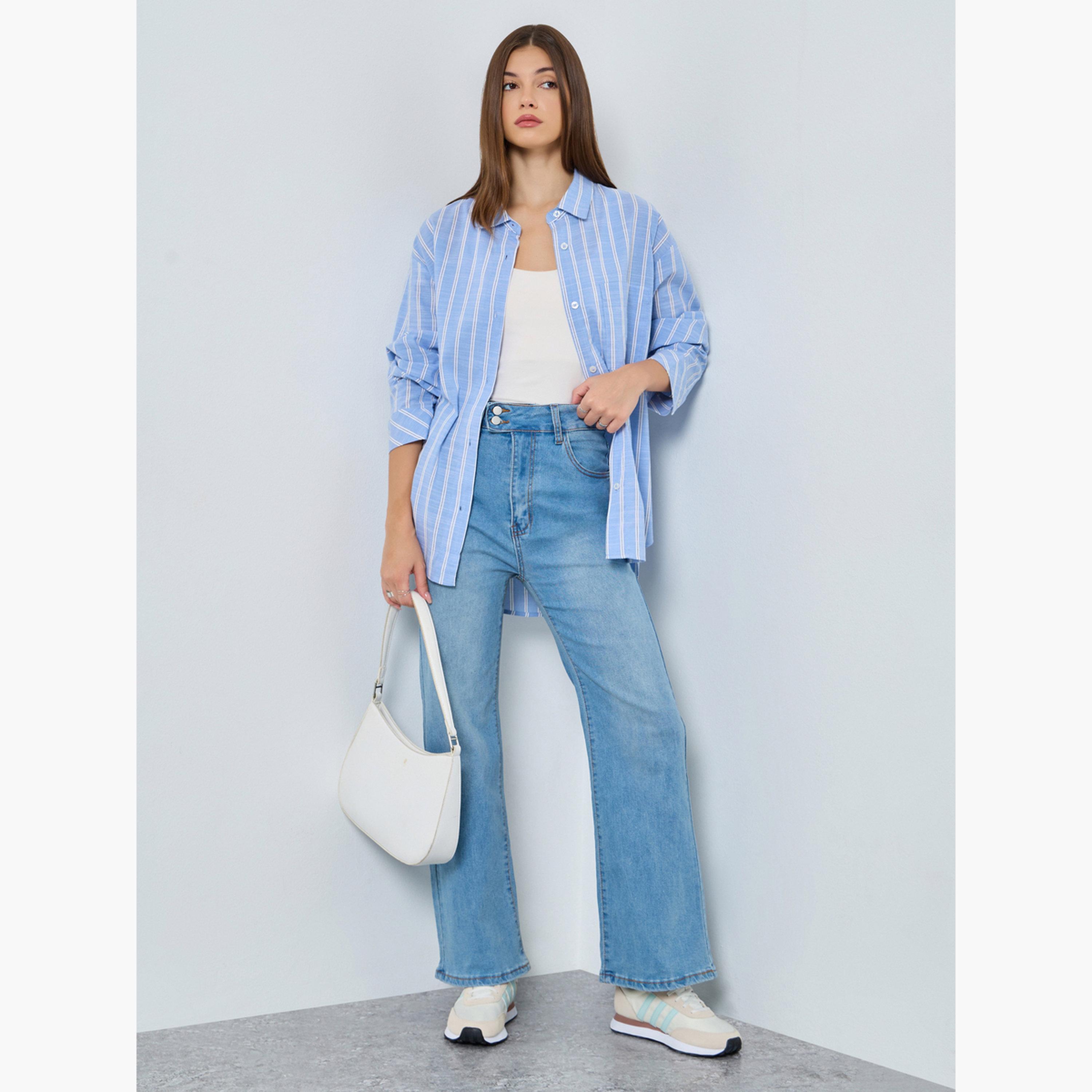 Styli Women Medium Blue High Rise Faded Flared Jeans-women-clothing-bottoms-jeans-image-2