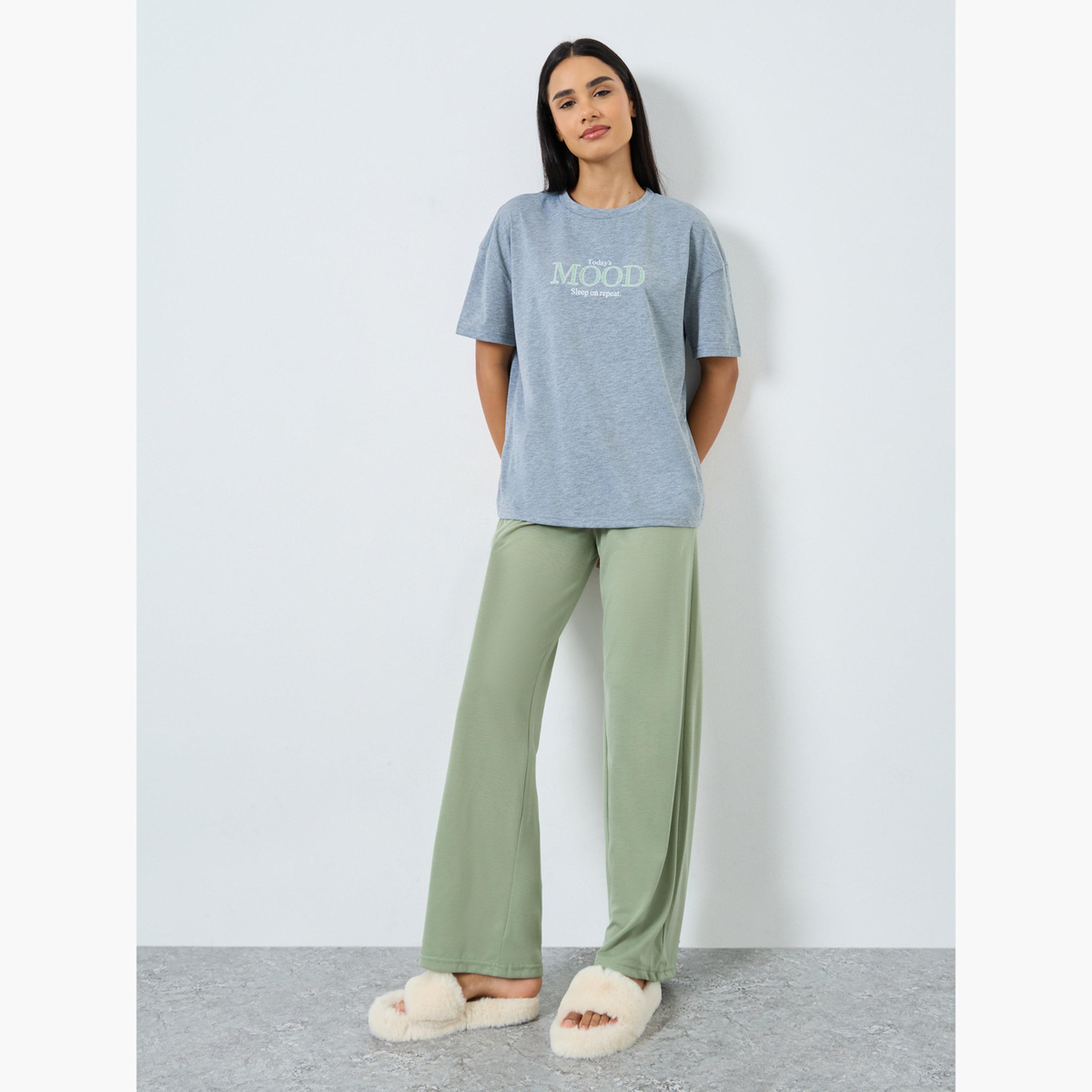 Styli Women Mood Graphic Drop Shoulder T-Shirt and Pyjama Set-women-clothing-nightwear-pyjamas-longsets-image-1