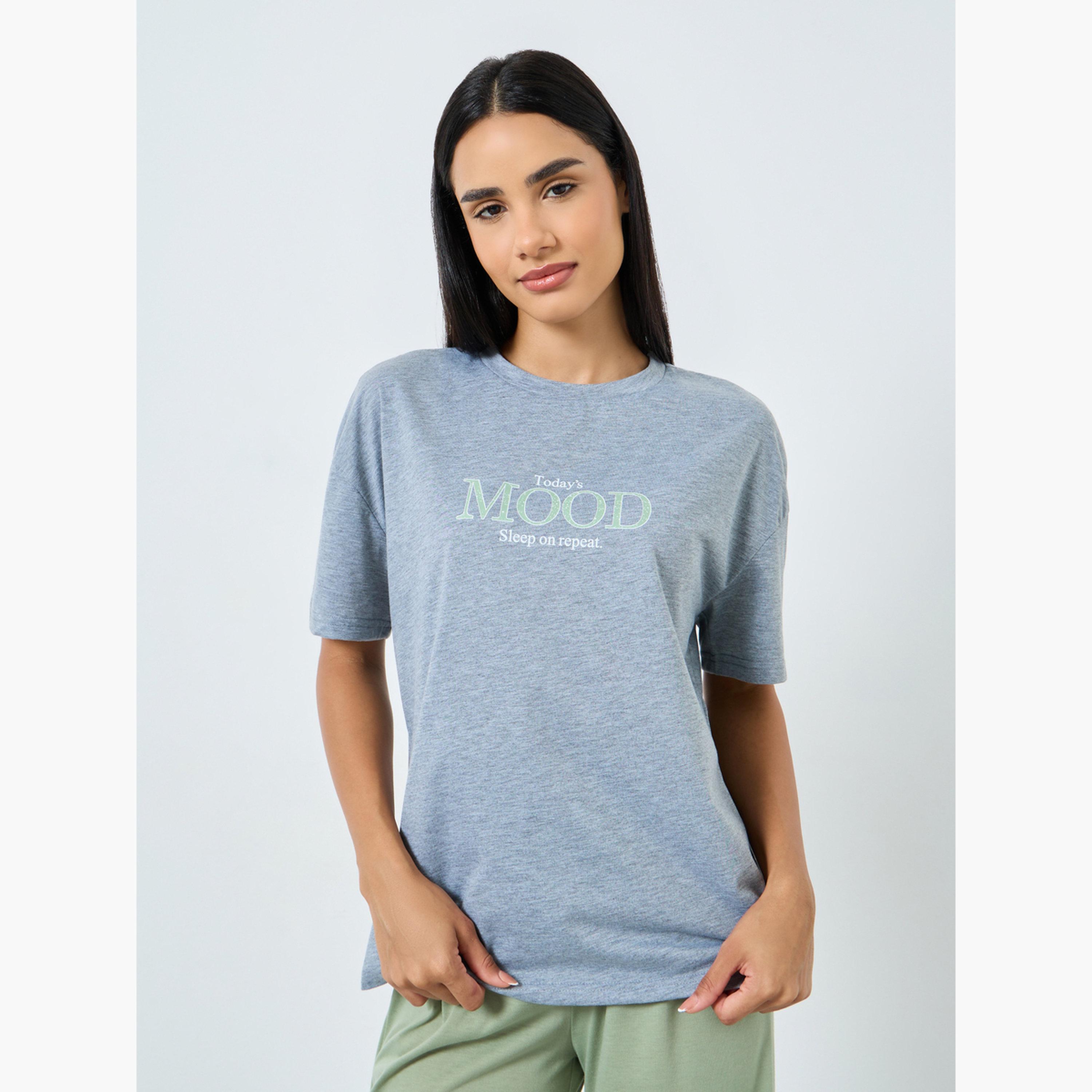 Styli Women Mood Graphic Drop Shoulder T-Shirt and Pyjama Set-women-clothing-nightwear-pyjamas-longsets-image-2