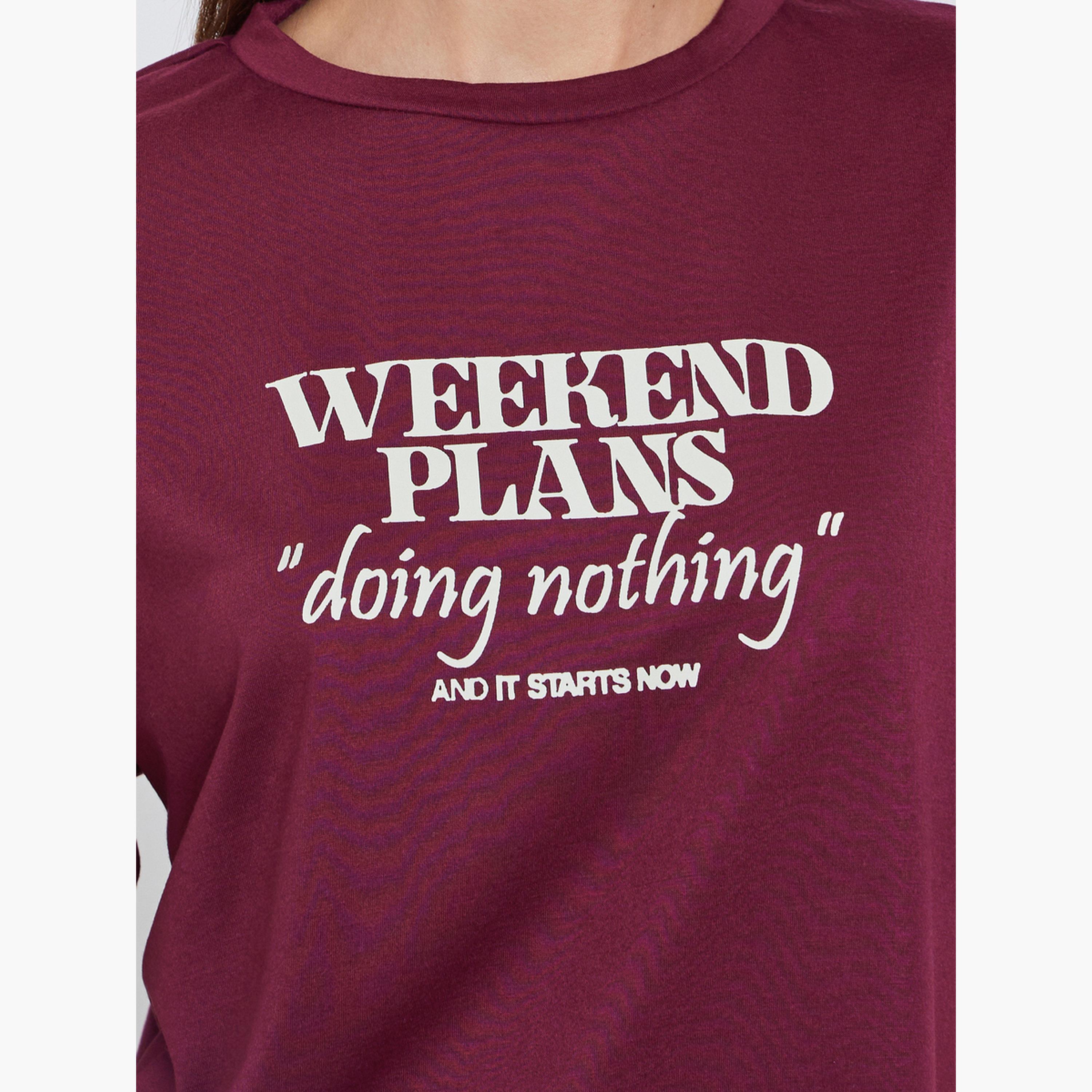 Styli Weekend Plans Slogan T-Shirt and Ruffle Hem Pyjama Set-women-clothing-nightwear-pyjamas-longsets-image-3