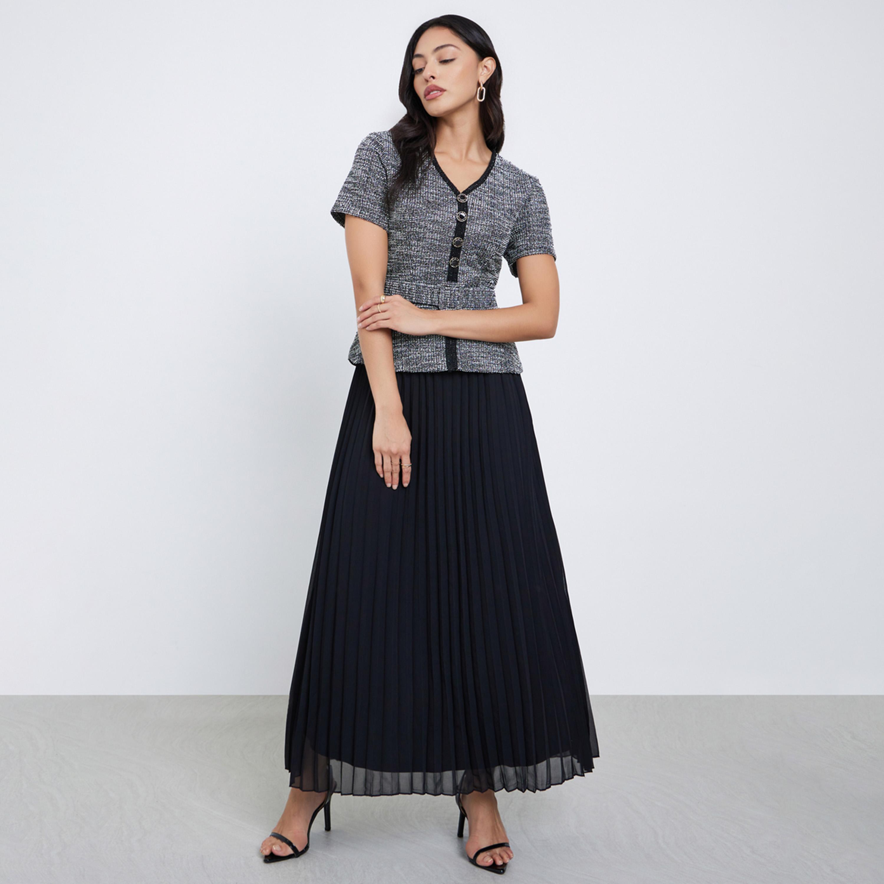 Styli Black Tweed Pleated Maxi Evening Dress-women-clothing-dresses-image-1