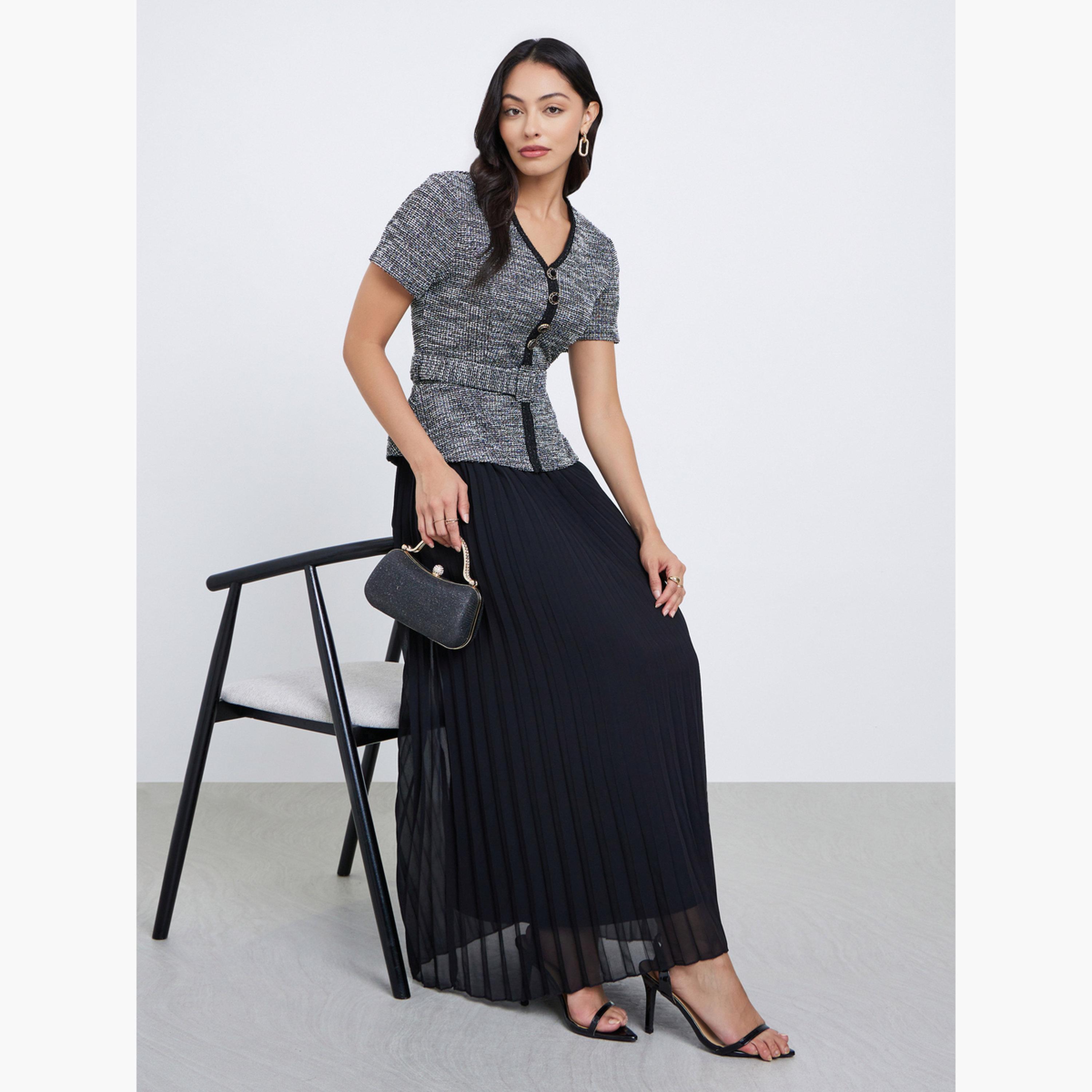 Styli Black Tweed Pleated Maxi Evening Dress-women-clothing-dresses-image-2