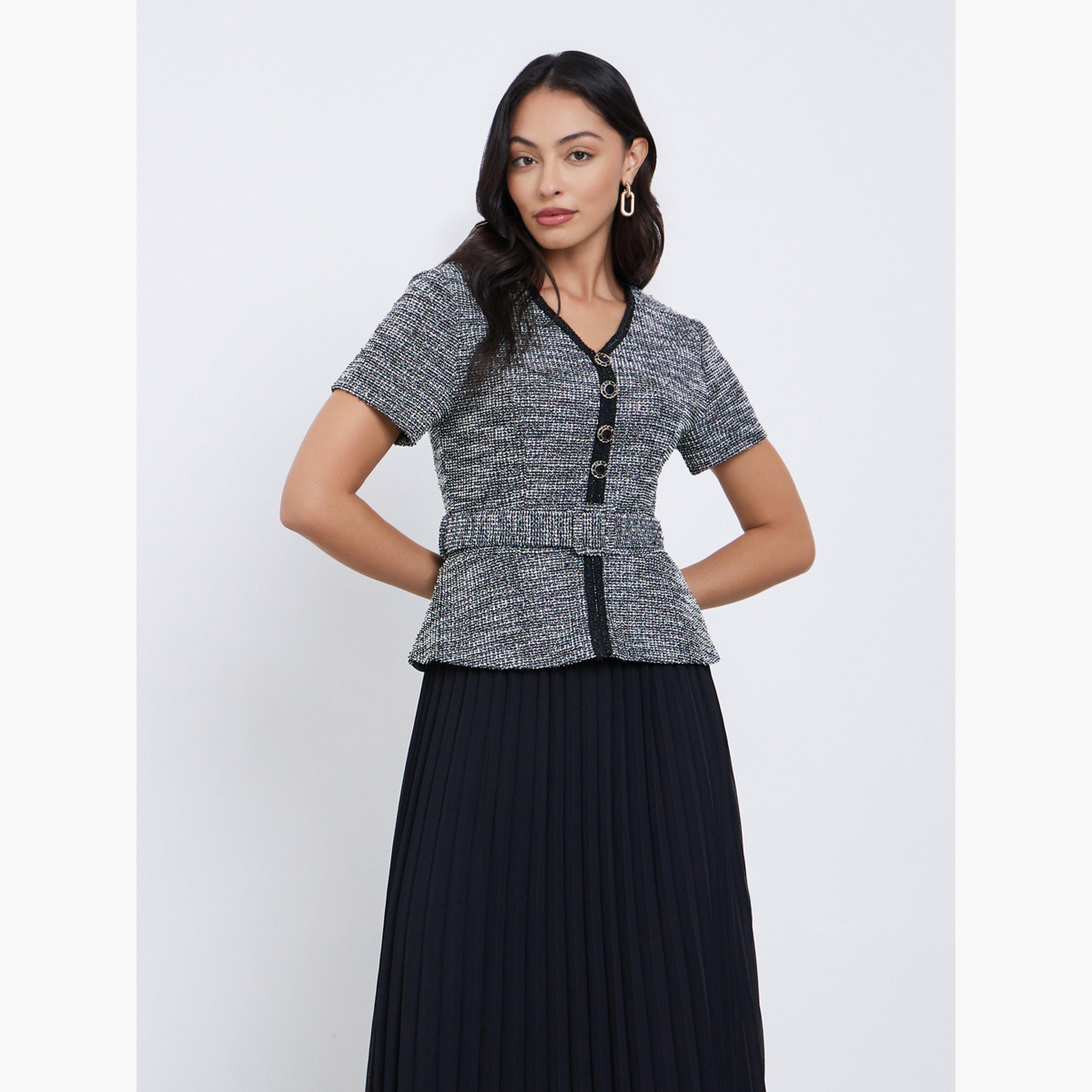 Styli Black Tweed Pleated Maxi Evening Dress-women-clothing-dresses-image-3