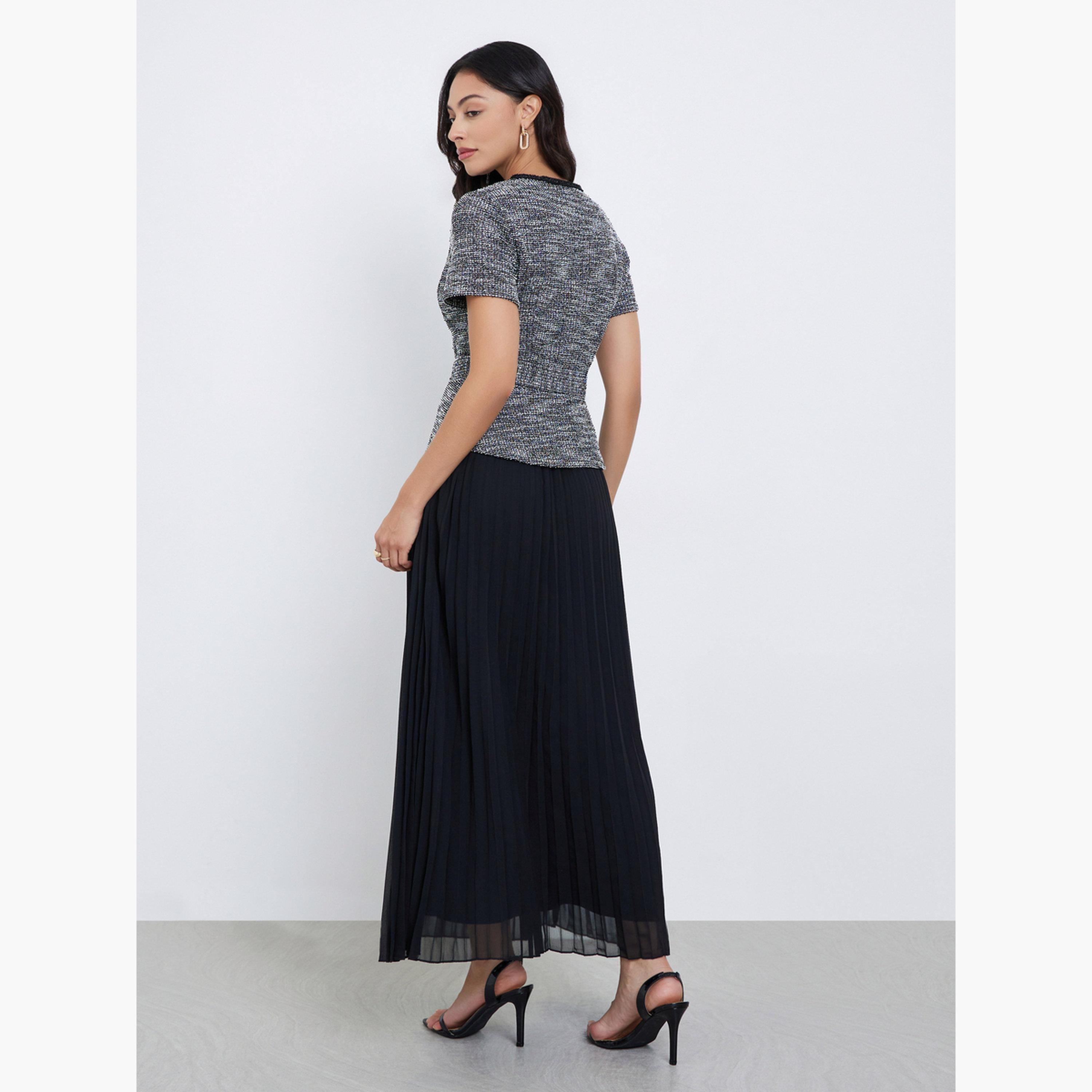 Styli Black Tweed Pleated Maxi Evening Dress-women-clothing-dresses-image-5