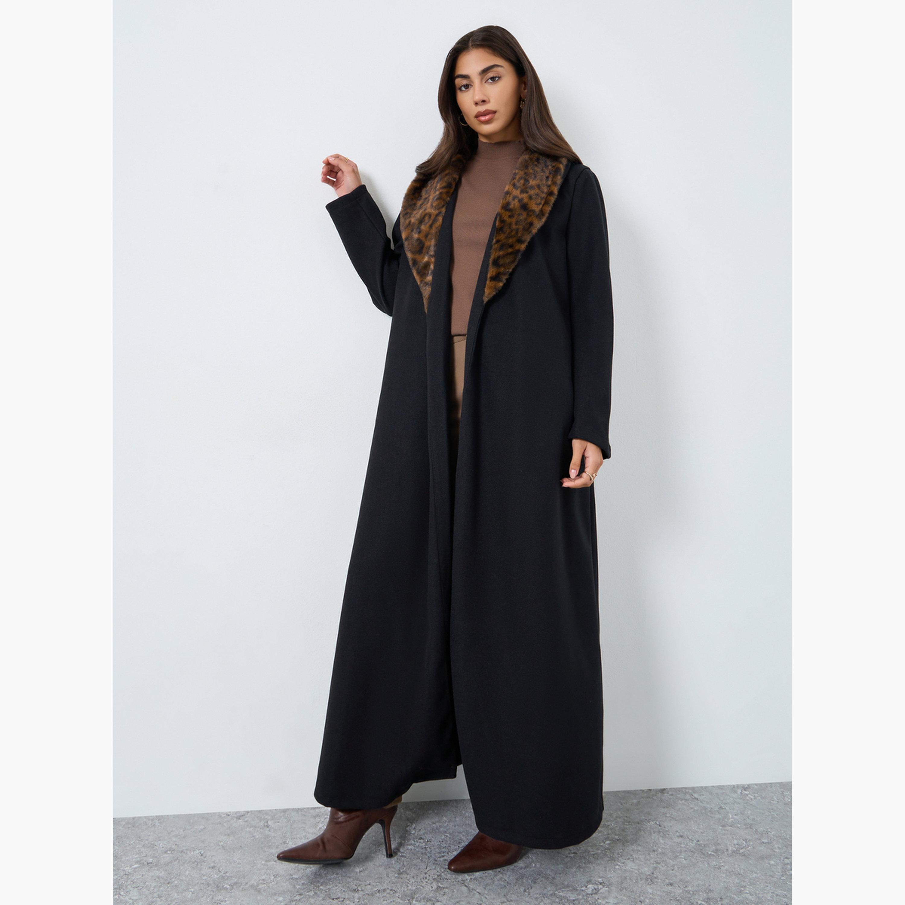 Styli Black Wool Like Abaya with Animal Print Faux Fur Collar-women-arabicclothing-abayas-image-1