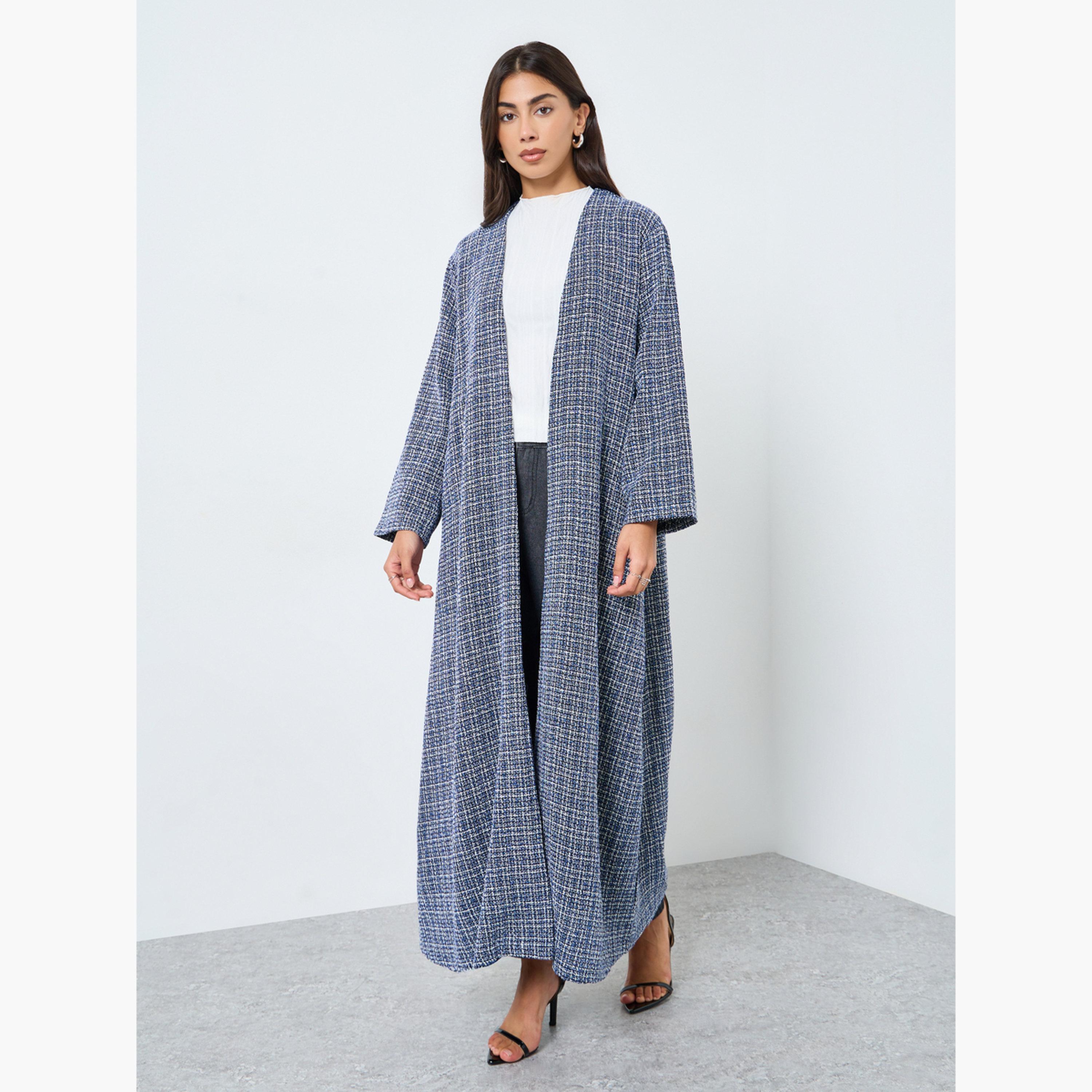 Amirah X Styli Navy Blue Front Open Tweed Abaya-women-arabicclothing-abayas-image-1