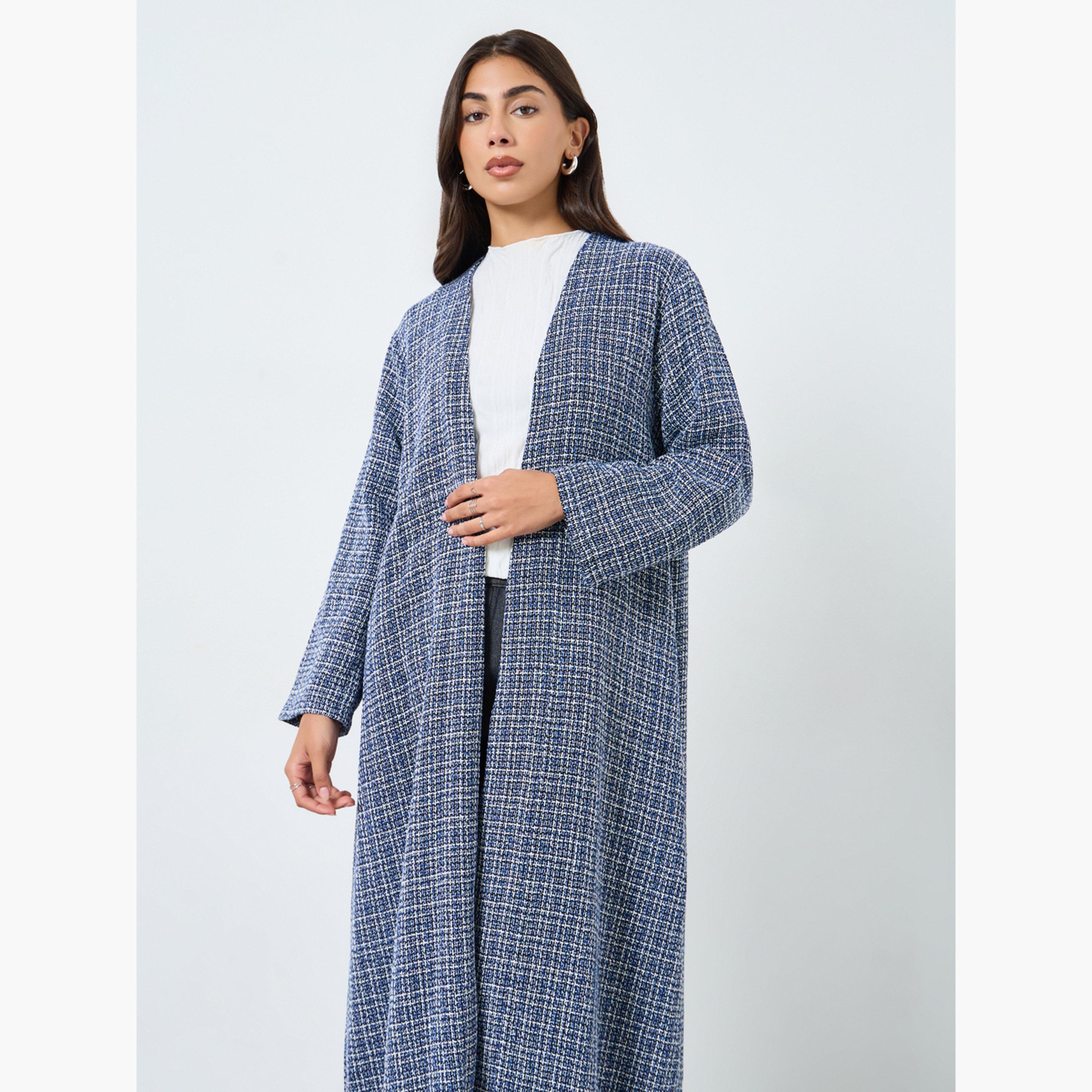 Amirah X Styli Navy Blue Front Open Tweed Abaya-women-arabicclothing-abayas-image-2