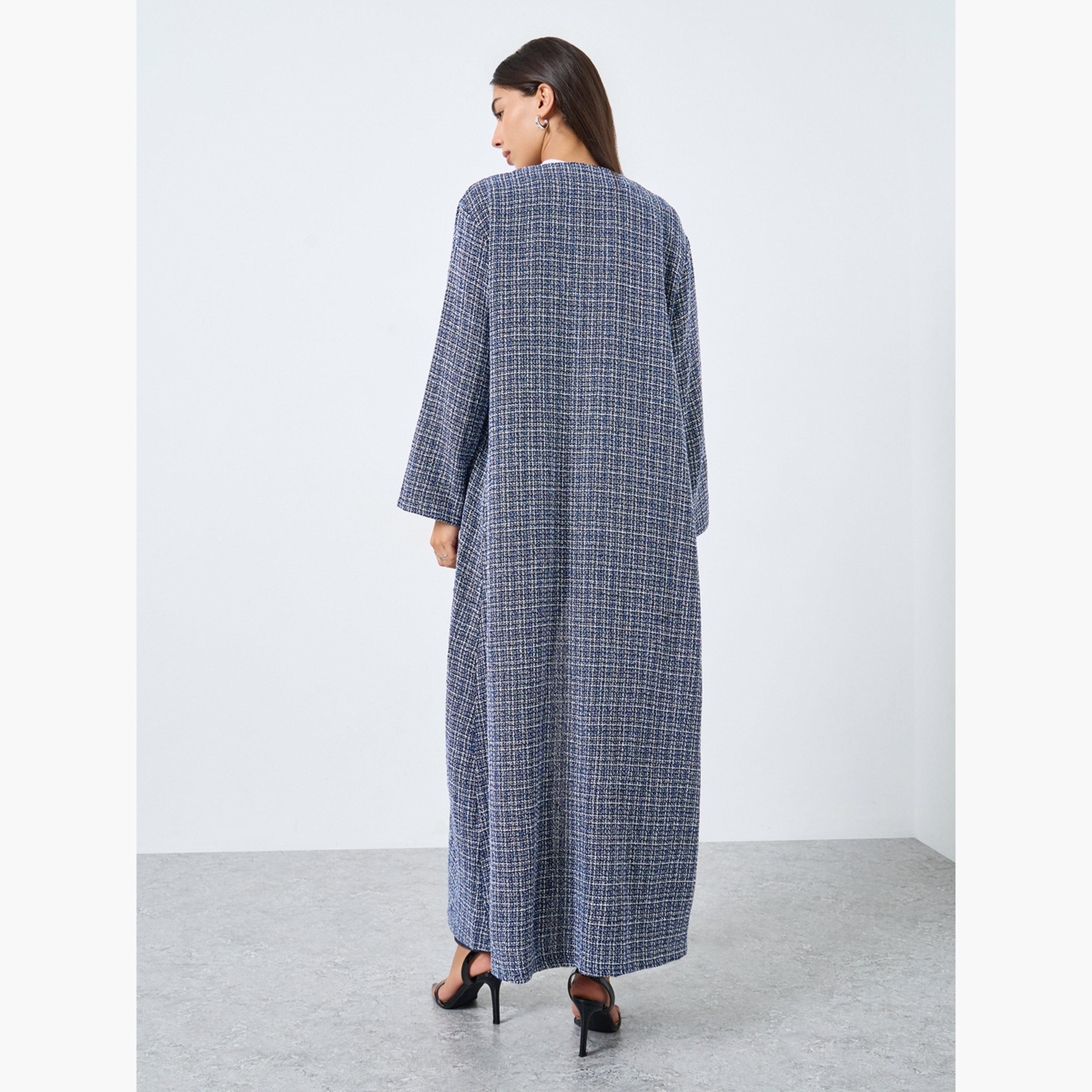 Amirah X Styli Navy Blue Front Open Tweed Abaya-women-arabicclothing-abayas-image-3