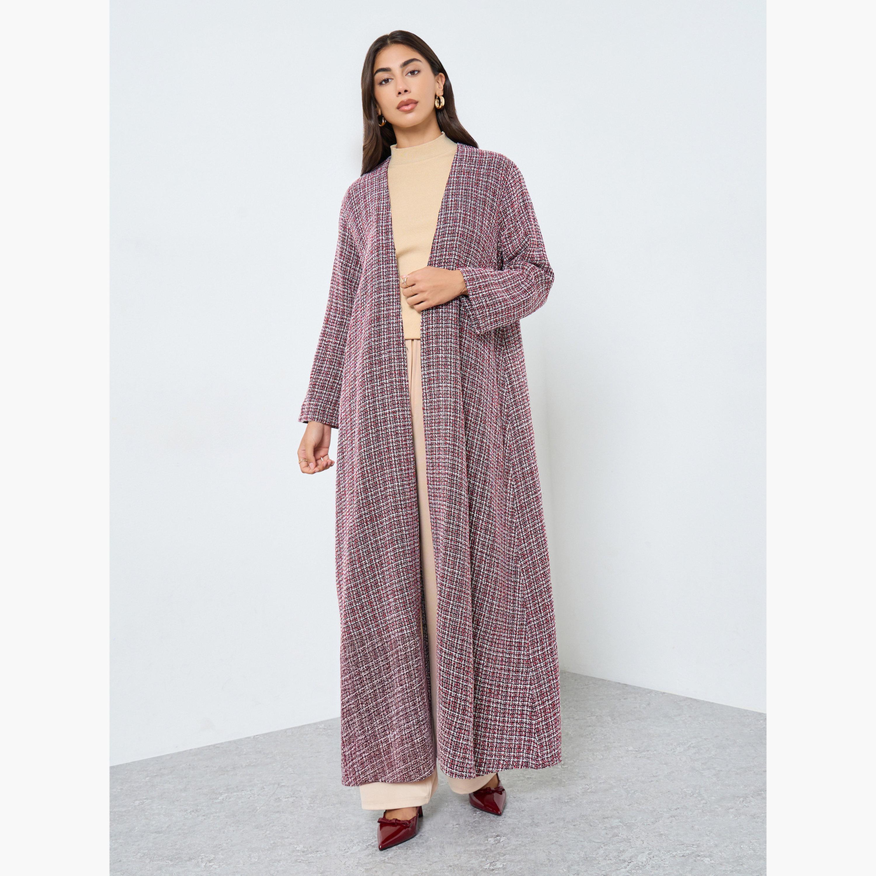 Amirah X Styli Burgundy Front Open Tweed Abaya-women-arabicclothing-abayas-image-1