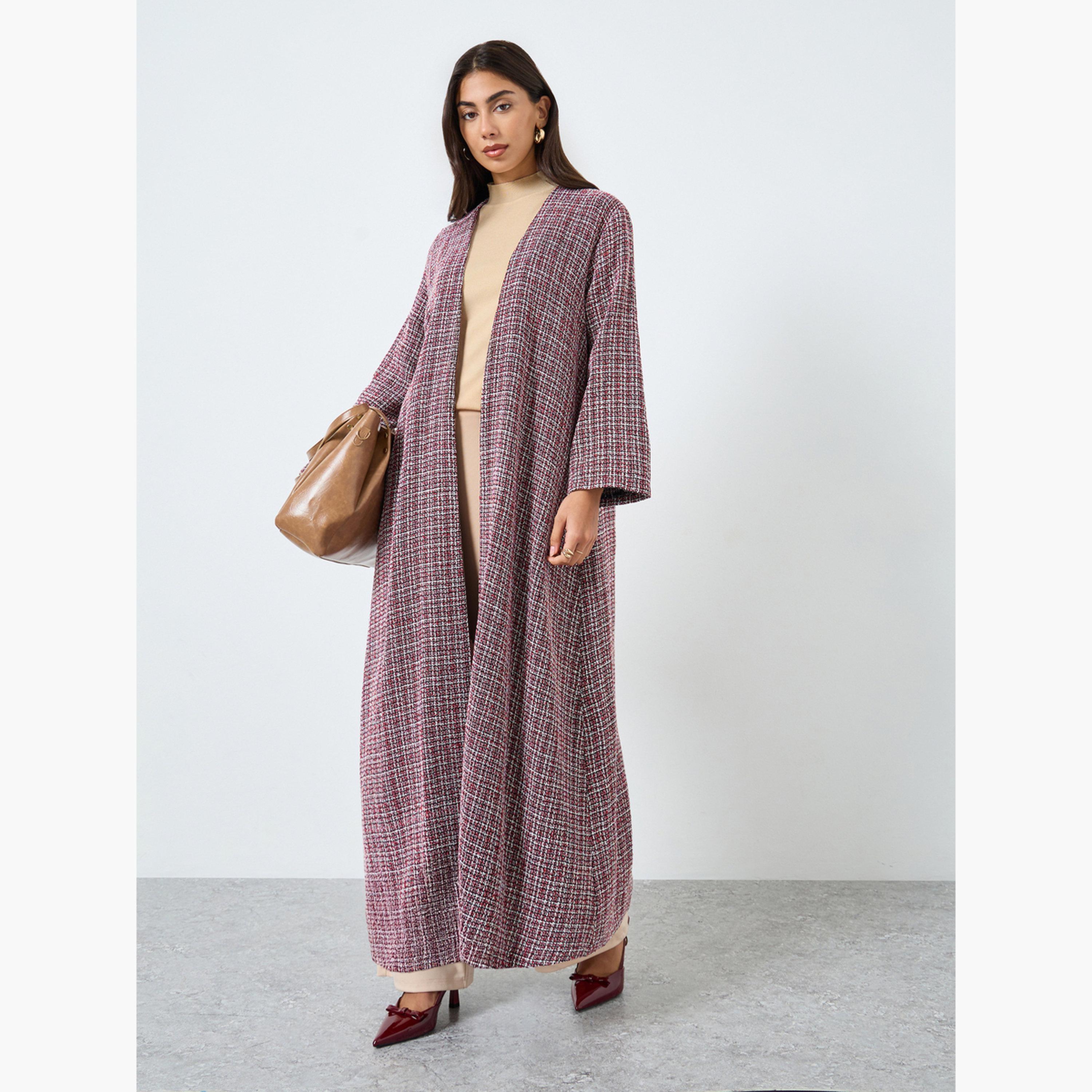 Amirah X Styli Burgundy Front Open Tweed Abaya-women-arabicclothing-abayas-image-2