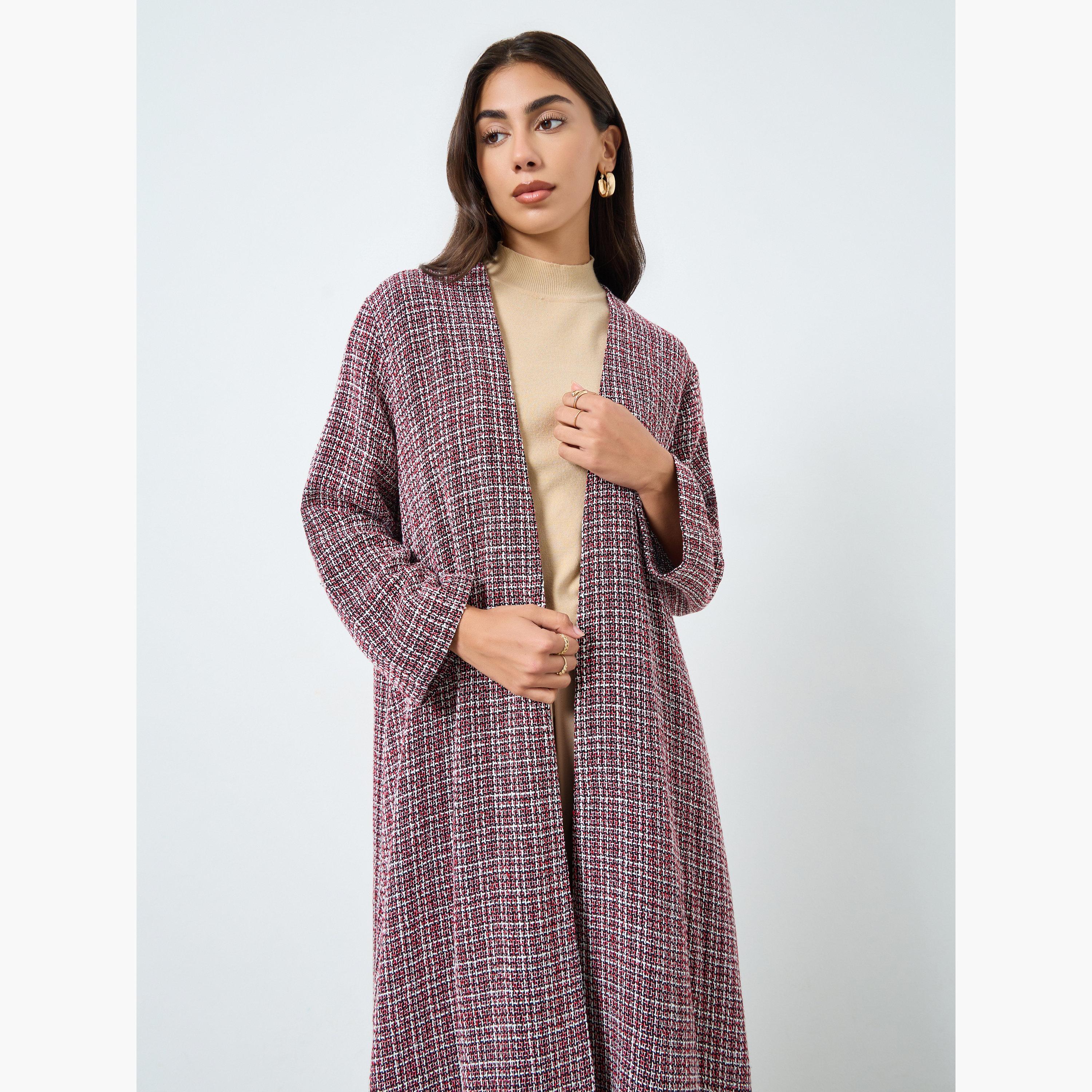 Amirah X Styli Burgundy Front Open Tweed Abaya-women-arabicclothing-abayas-image-3