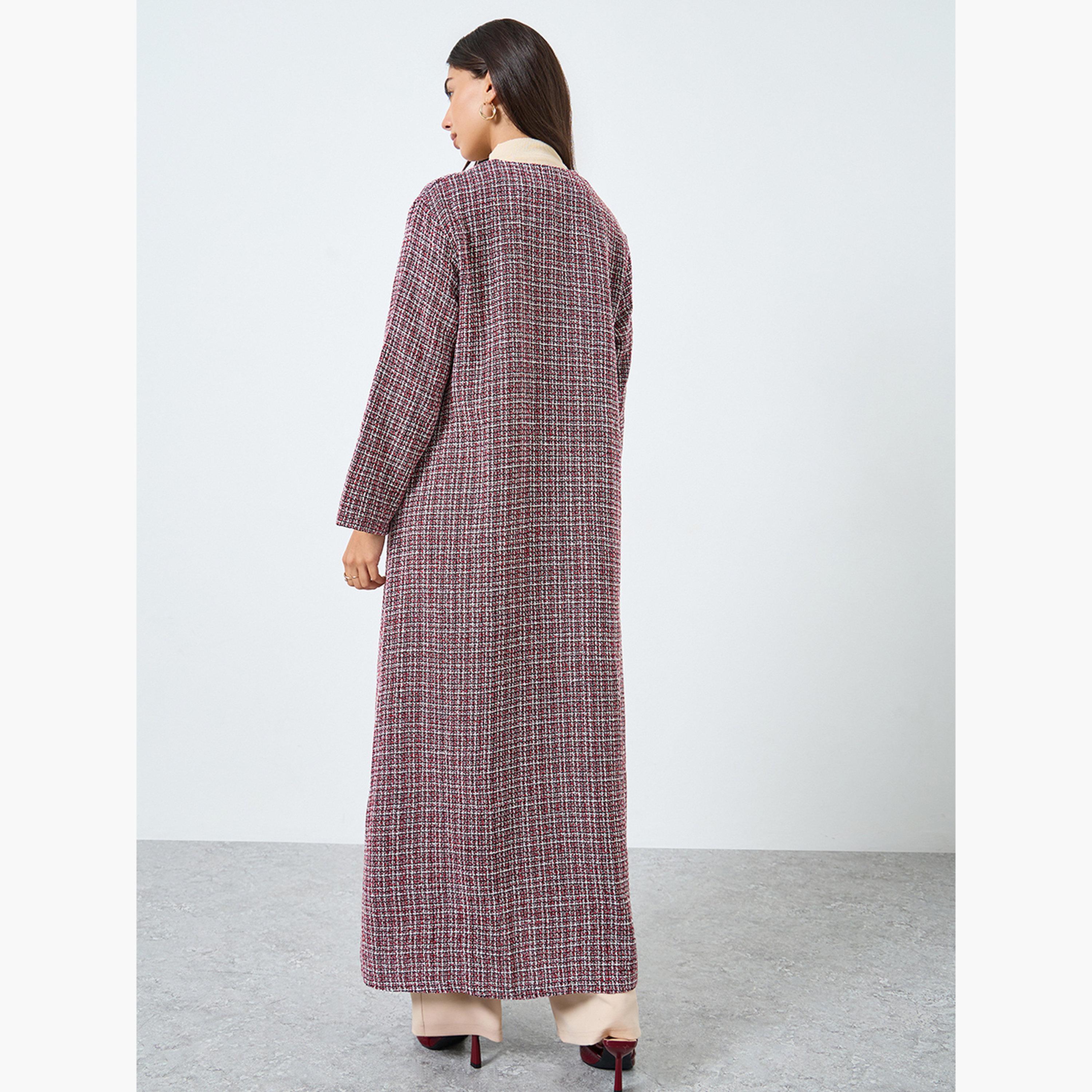 Amirah X Styli Burgundy Front Open Tweed Abaya-women-arabicclothing-abayas-image-4