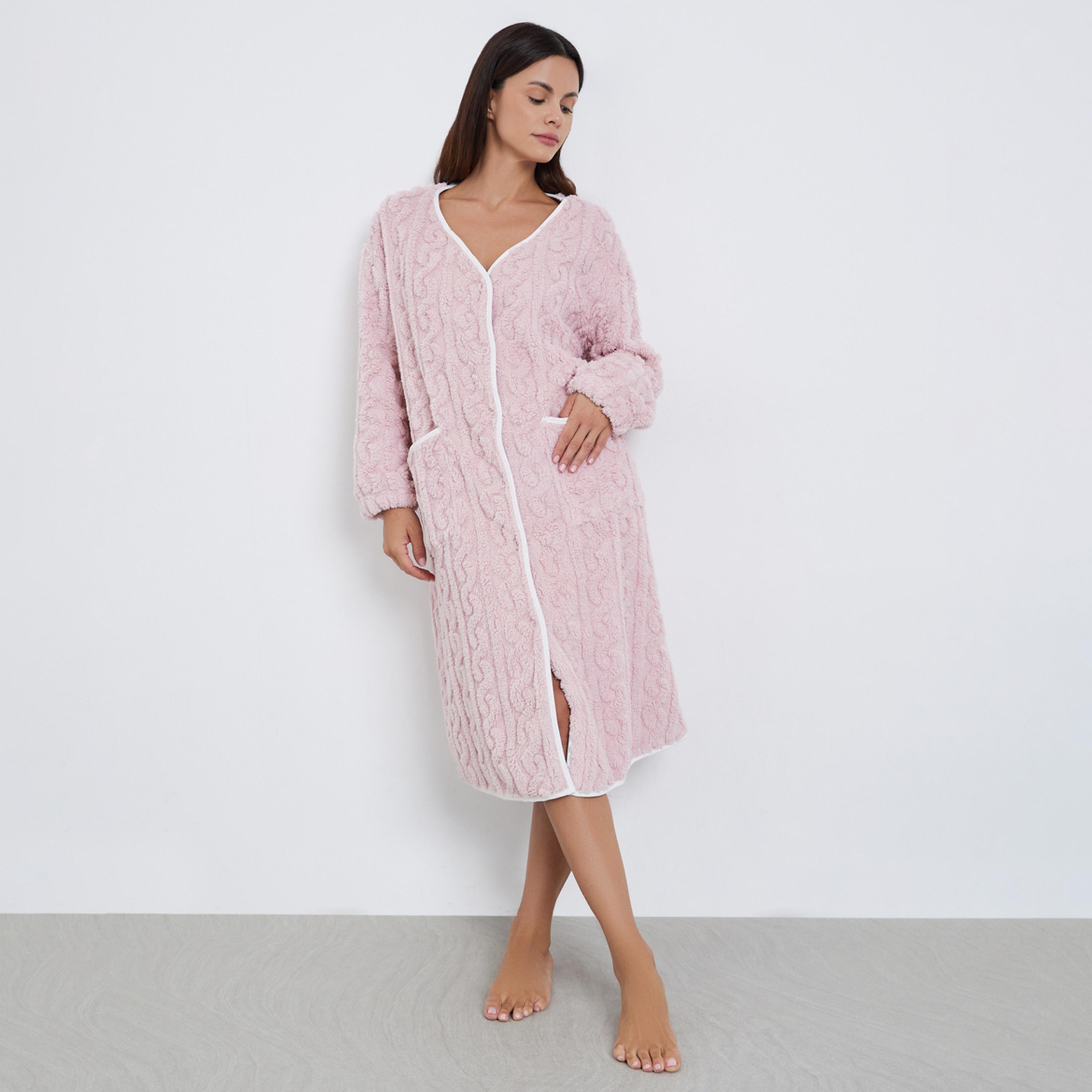 ستايلي - فستان نوم صوف فليس الكابلي مع حواف متباينة-women-clothing-nightwear-nighties-image-1