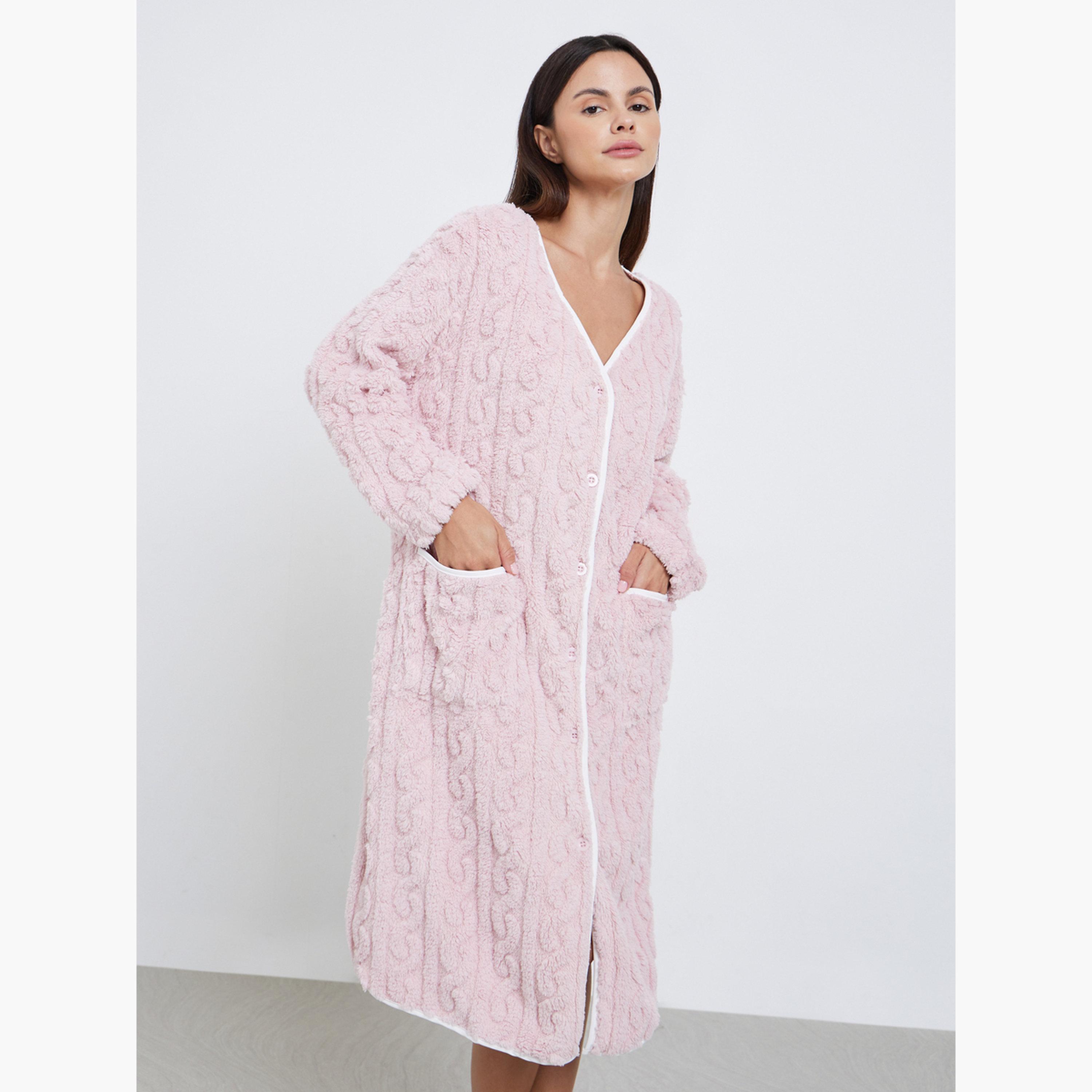 ستايلي - فستان نوم صوف فليس الكابلي مع حواف متباينة-women-clothing-nightwear-nighties-image-2