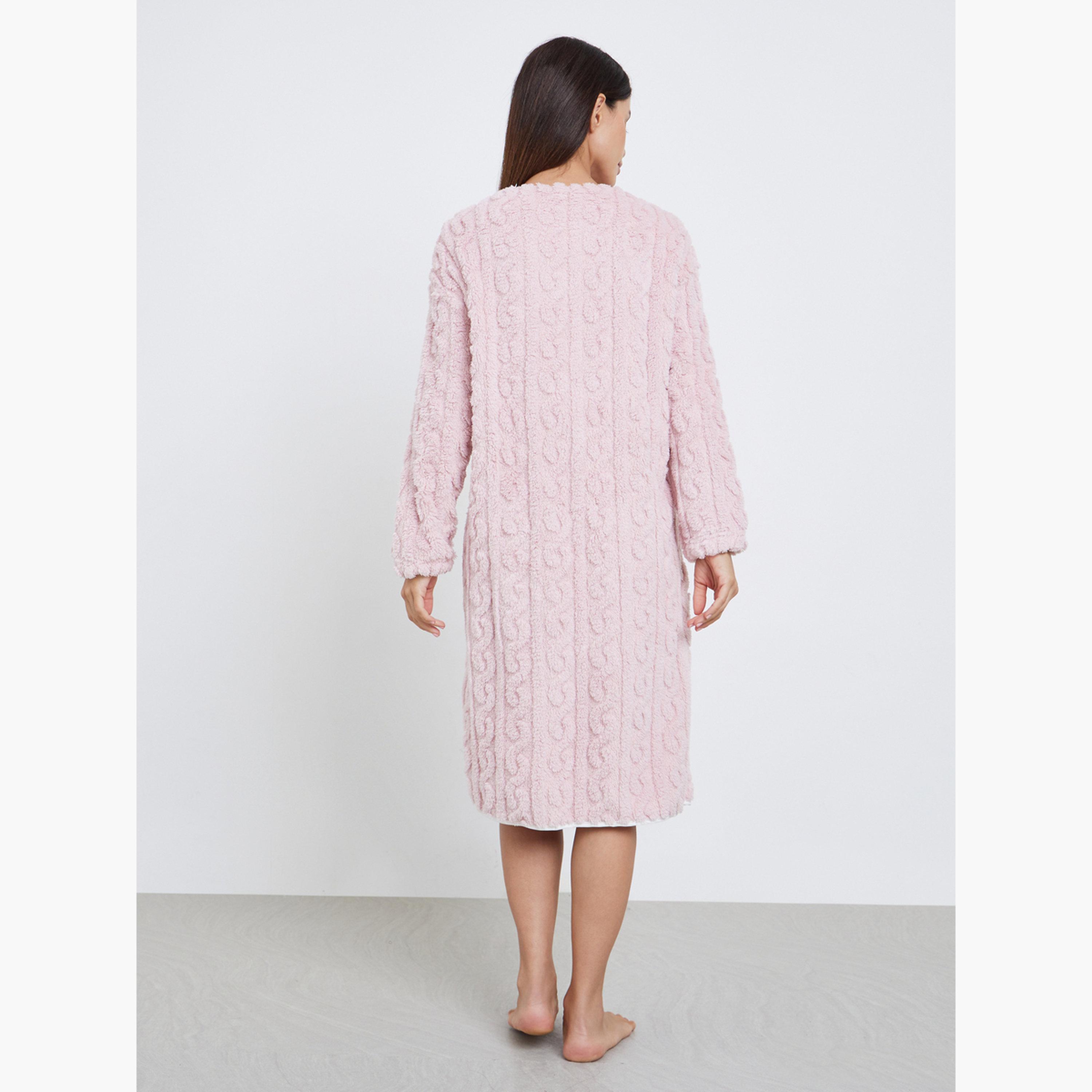 ستايلي - فستان نوم صوف فليس الكابلي مع حواف متباينة-women-clothing-nightwear-nighties-image-3