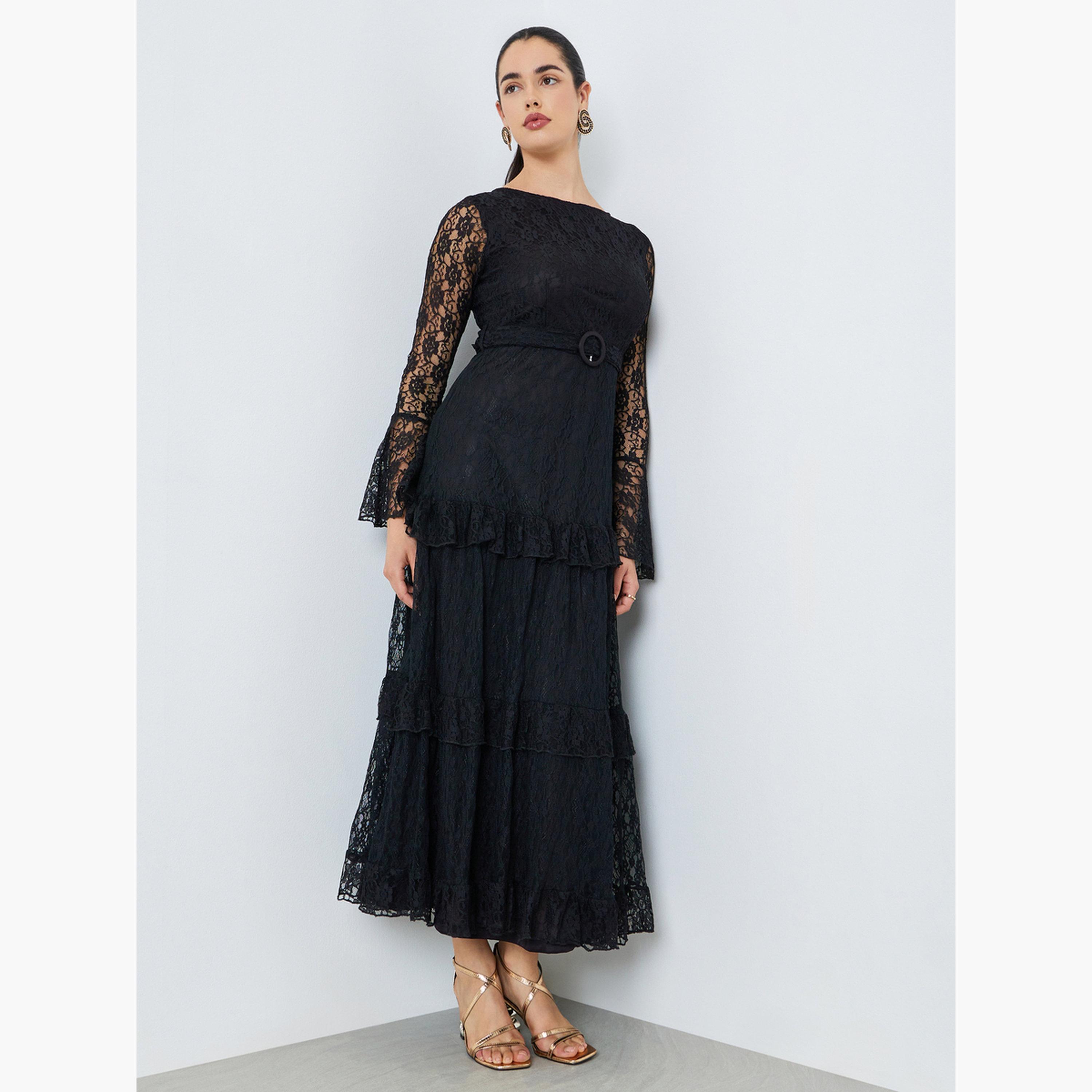 فستان طويل من الدانتيل بتفاصيل كشكش للنساء-women-clothing-dresses-image-1