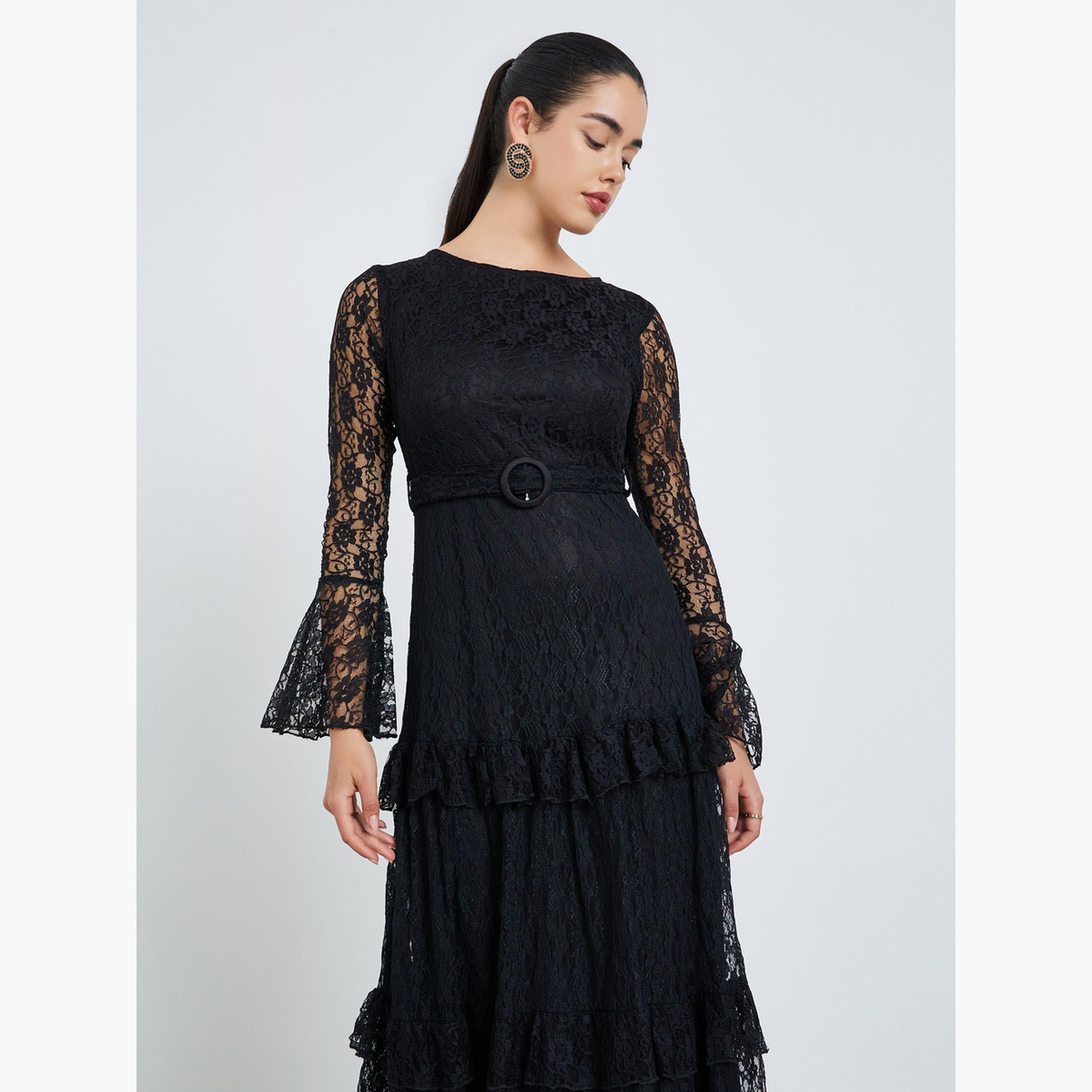 فستان طويل من الدانتيل بتفاصيل كشكش للنساء-women-clothing-dresses-image-2