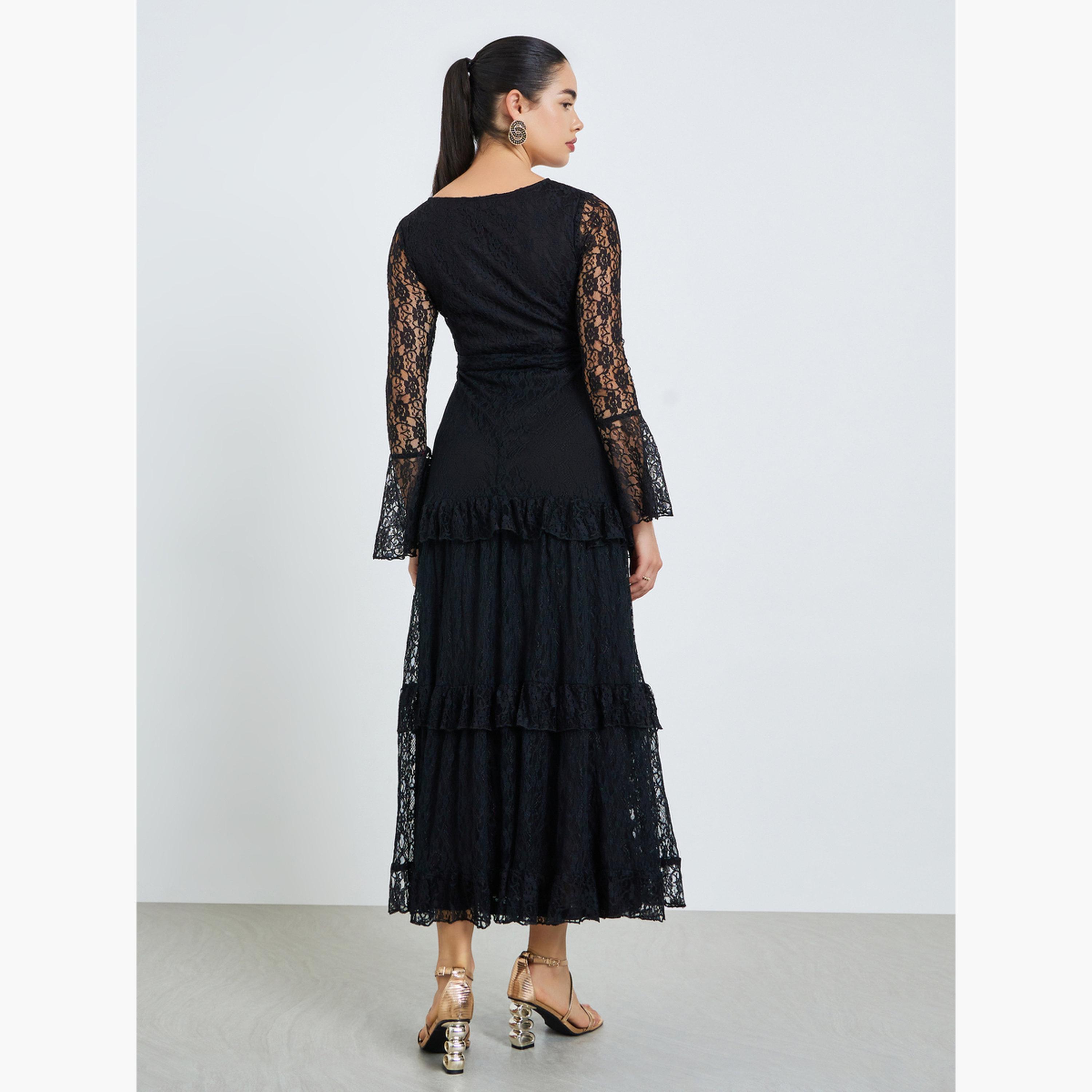 فستان طويل من الدانتيل بتفاصيل كشكش للنساء-women-clothing-dresses-image-3