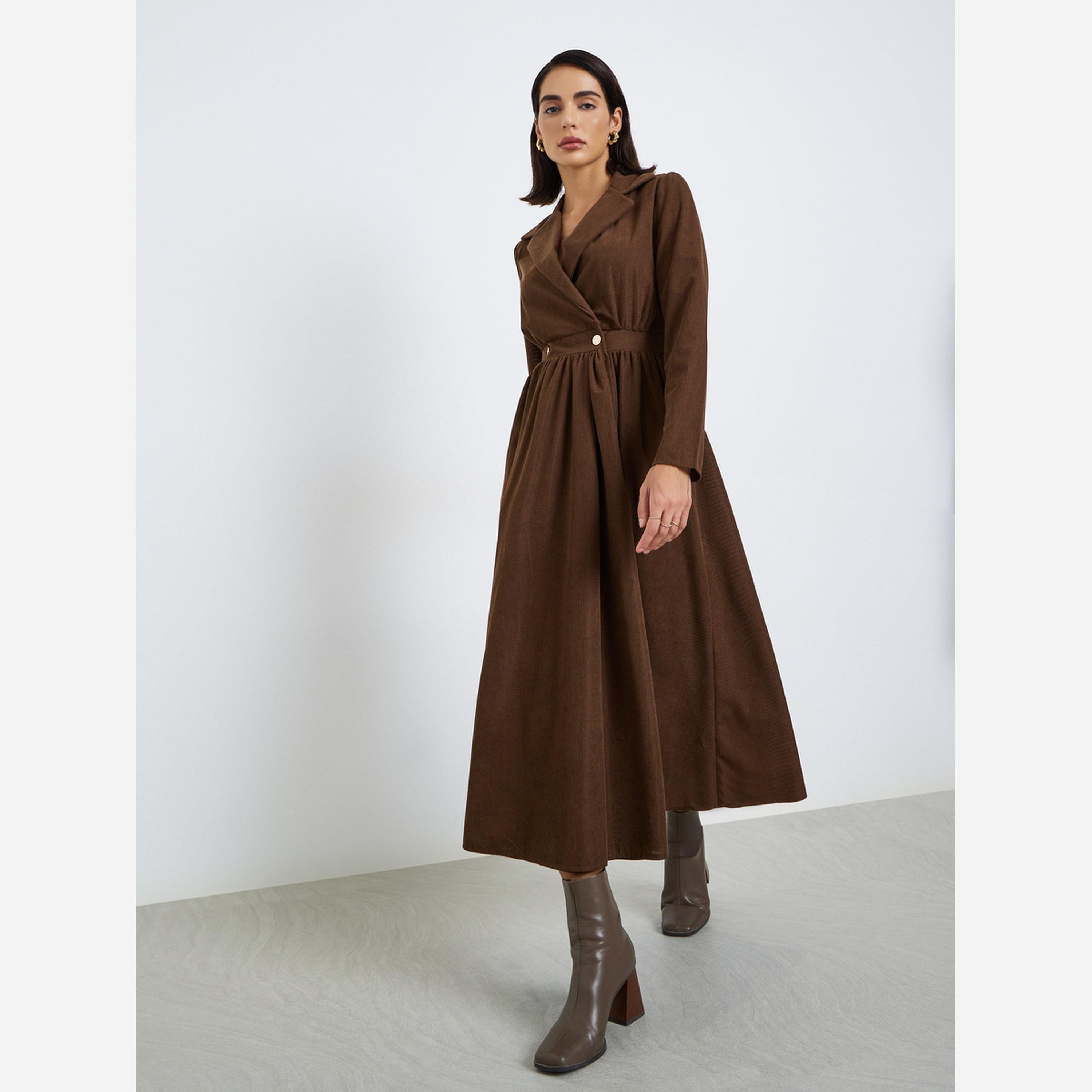 ستايلي - فستان متوسط الطول قماش الكوردروي لون بني للنساء-women-clothing-dresses-image-1