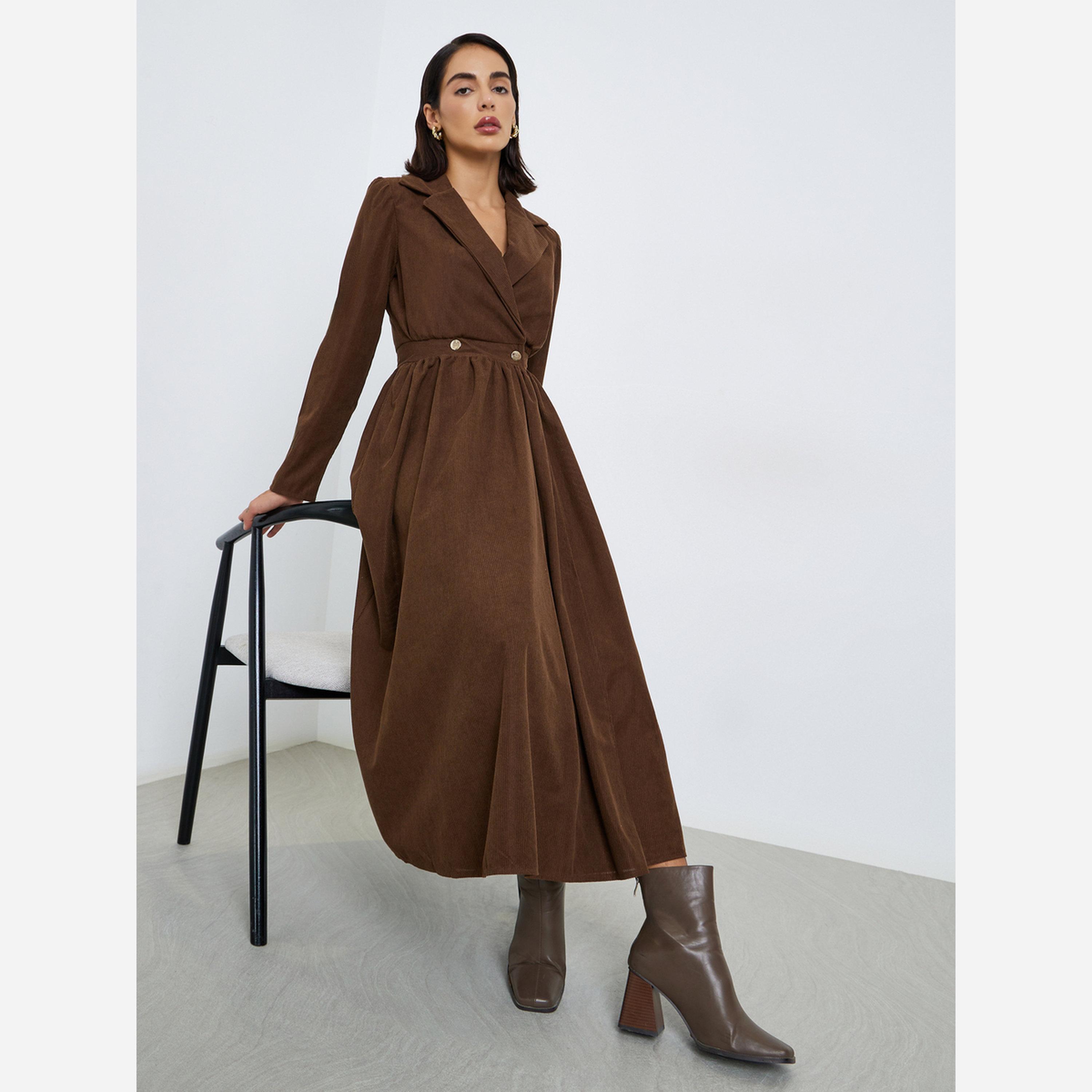 ستايلي - فستان متوسط الطول قماش الكوردروي لون بني للنساء-women-clothing-dresses-image-2