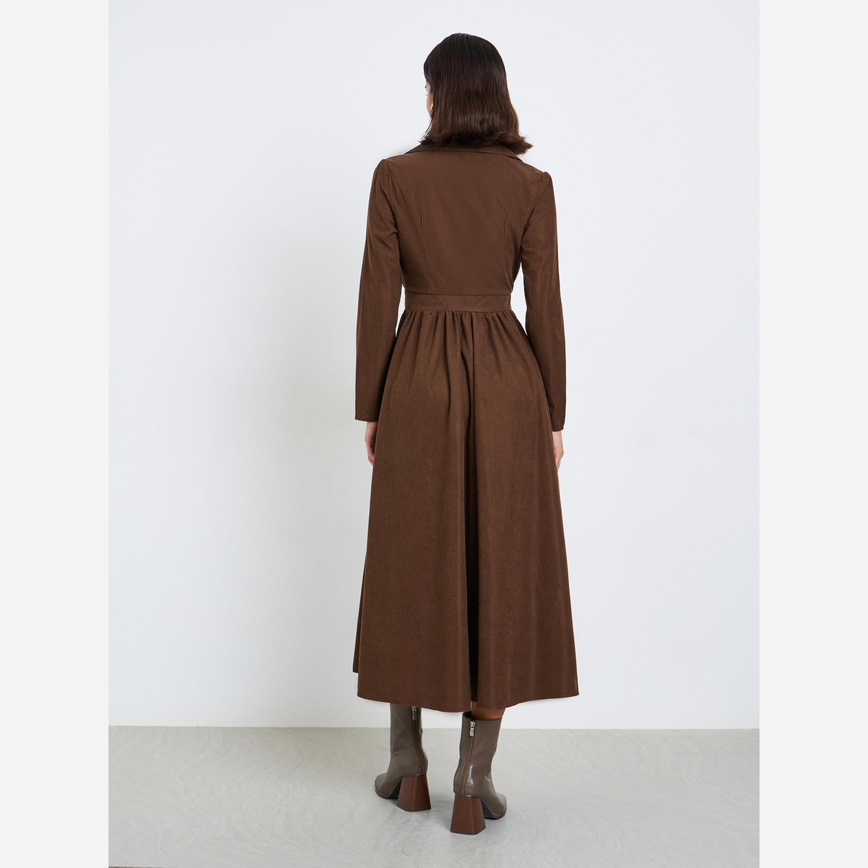 ستايلي - فستان متوسط الطول قماش الكوردروي لون بني للنساء-women-clothing-dresses-image-3
