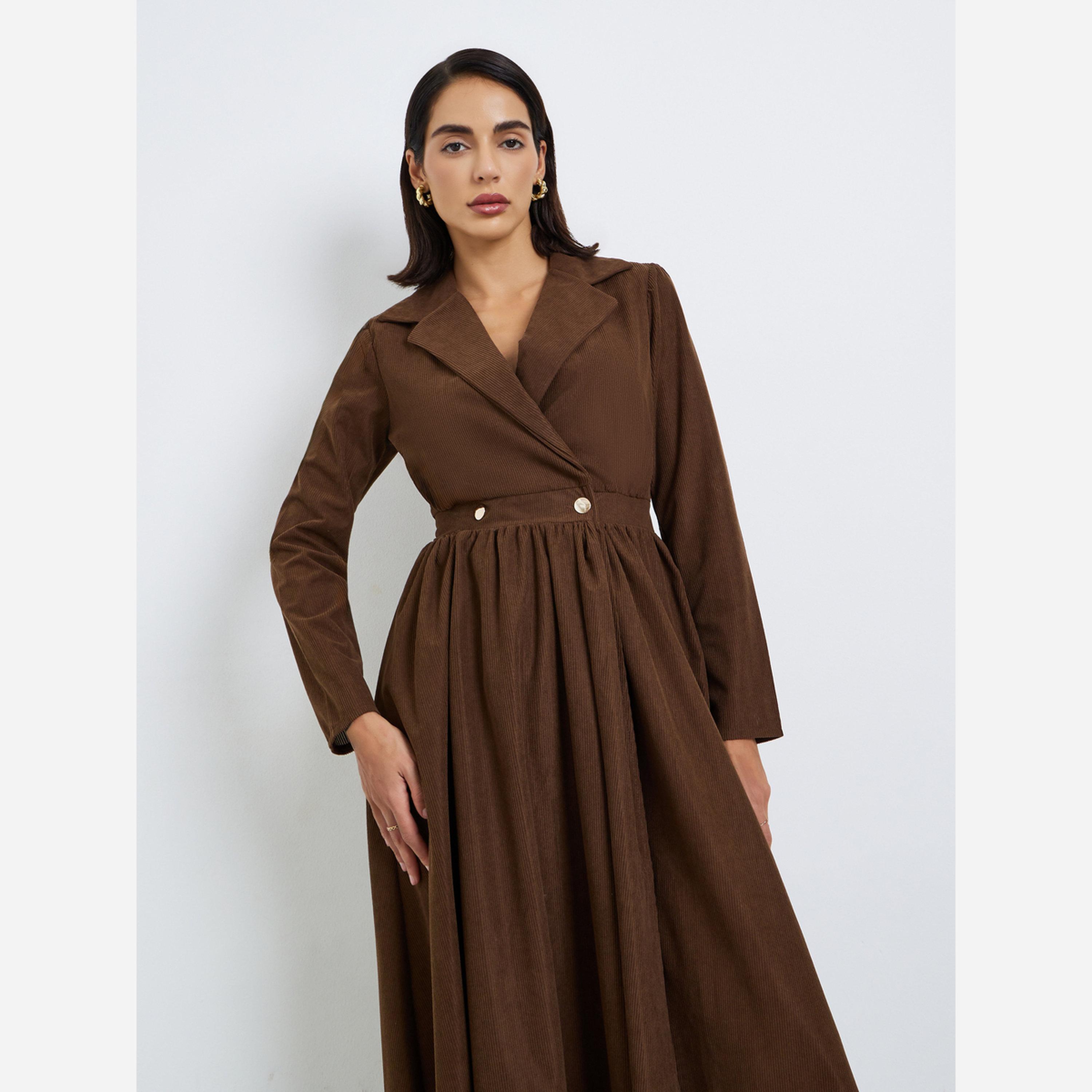 ستايلي - فستان متوسط الطول قماش الكوردروي لون بني للنساء-women-clothing-dresses-image-4