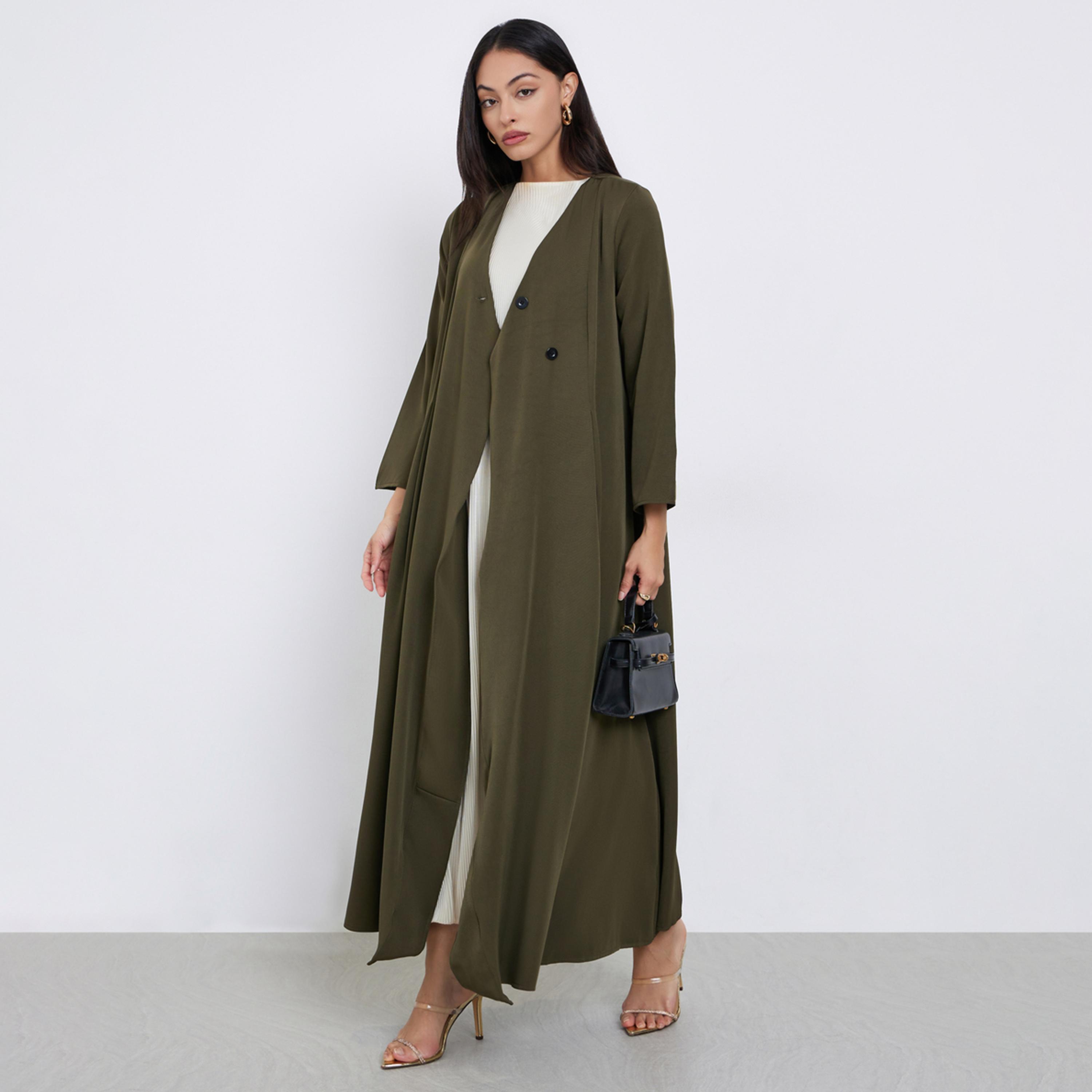 Styli Olive Wrap Button Front Winter Abaya-women-arabicclothing-abayas-image-1