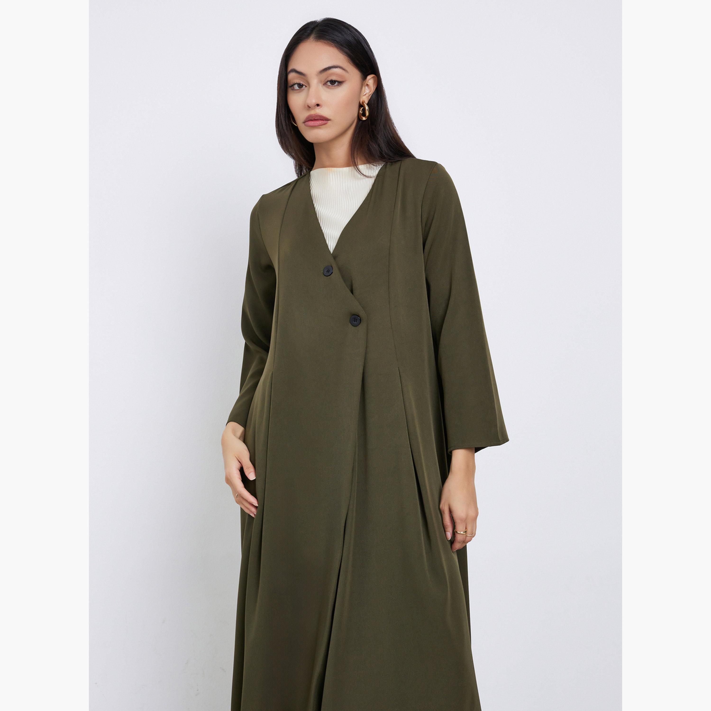 Styli Olive Wrap Button Front Winter Abaya-women-arabicclothing-abayas-image-3
