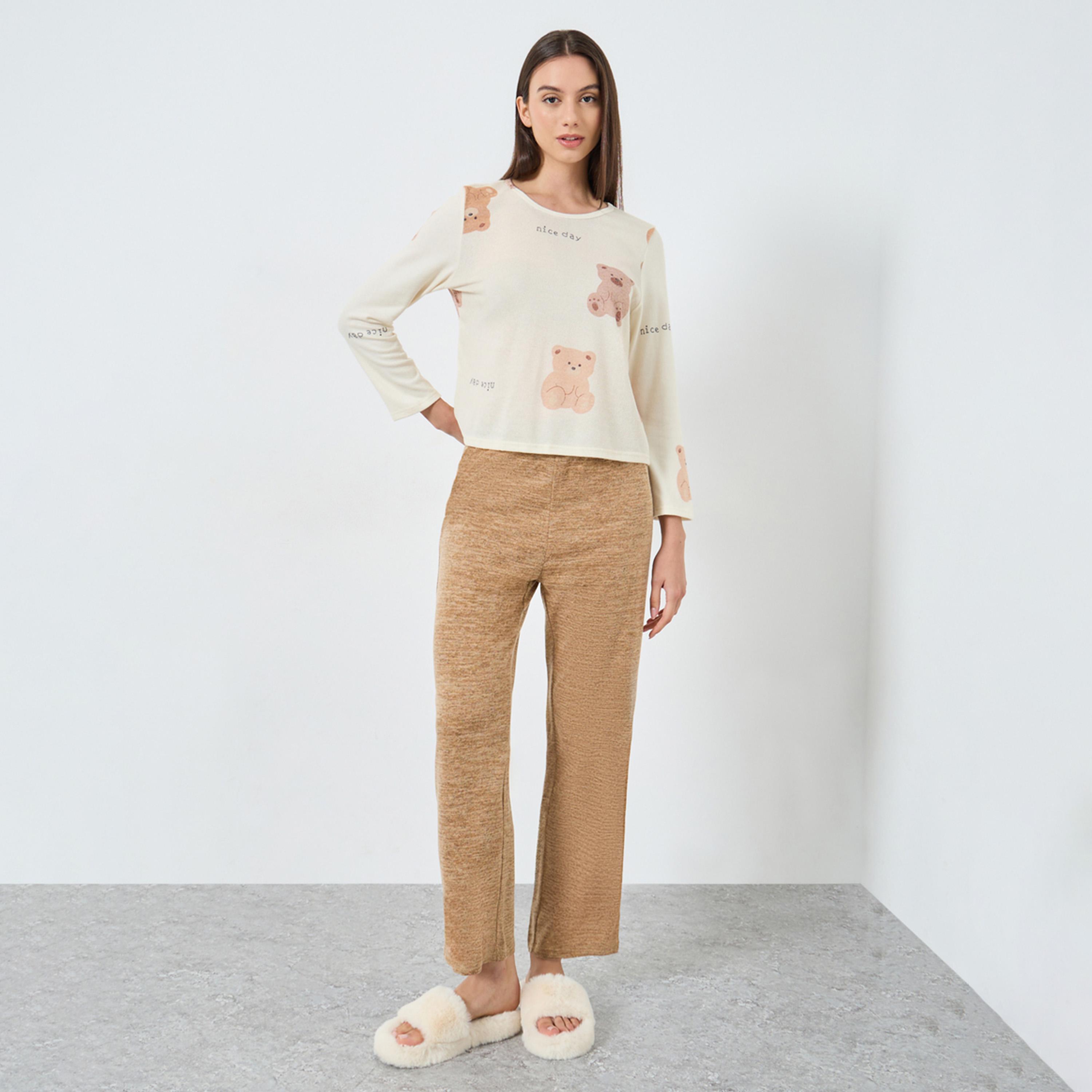Take Two Cozy Beige Bear Print T-Shirt and Pyjama Set-women-clothing-nightwear-pyjamas-longsets-image-1