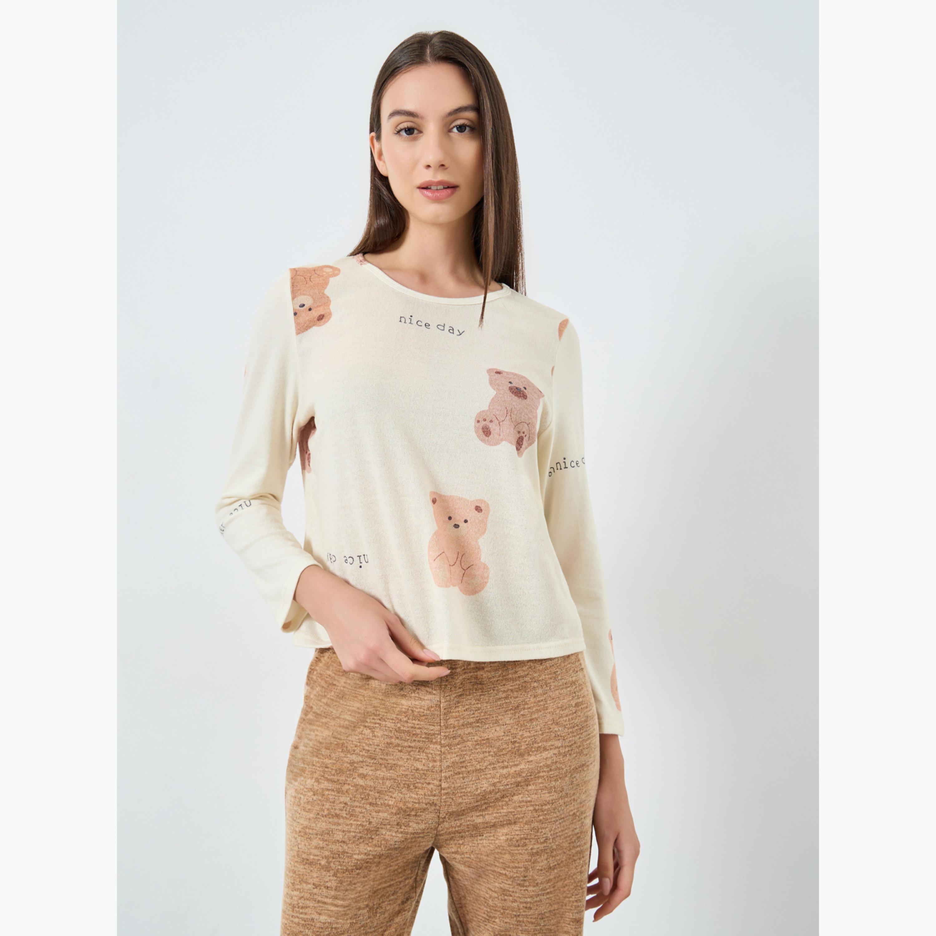 Take Two Cozy Beige Bear Print T-Shirt and Pyjama Set-women-clothing-nightwear-pyjamas-longsets-image-3