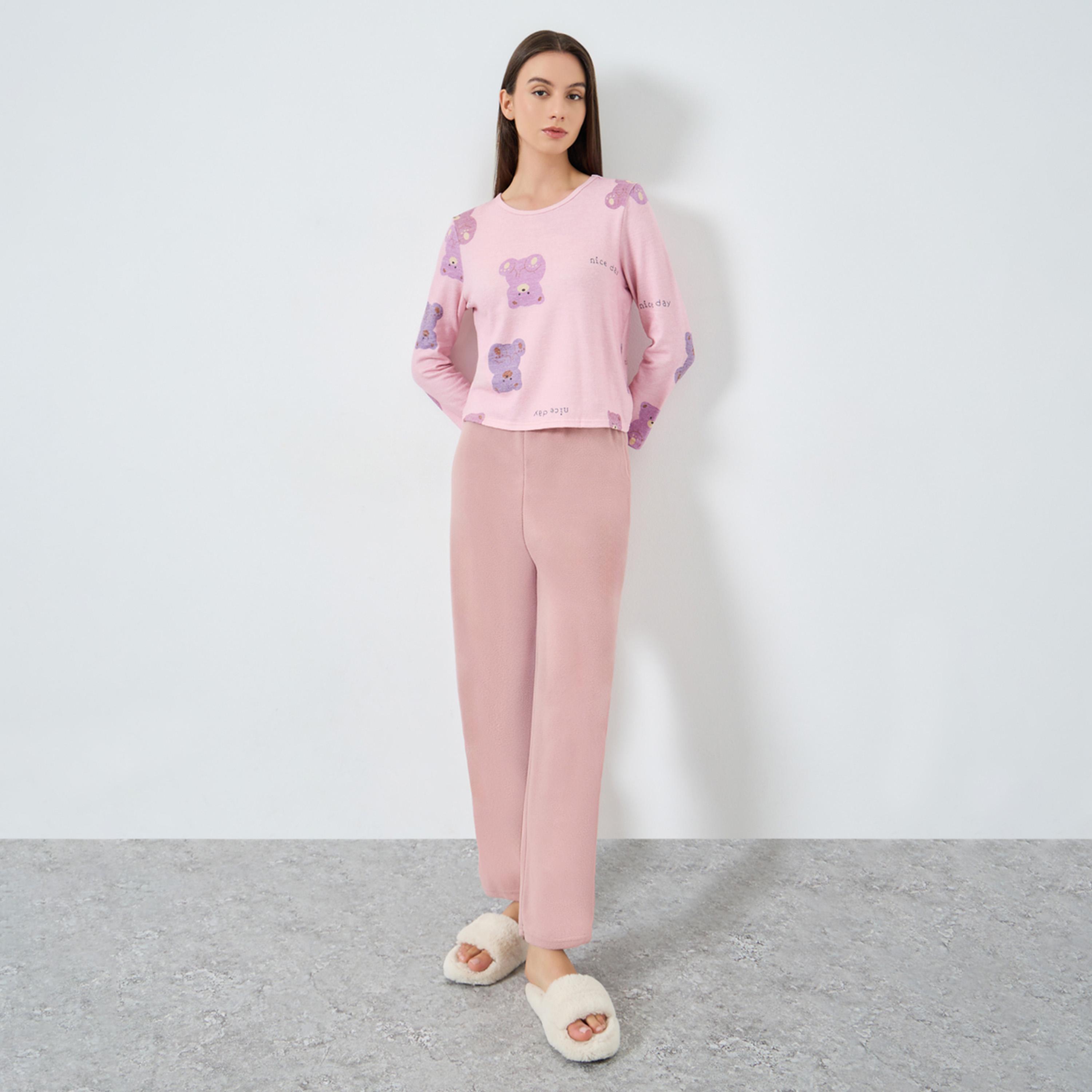 Take Two Cozy Pink Bear Print T-Shirt and Pyjama Set-women-clothing-nightwear-pyjamas-longsets-image-1