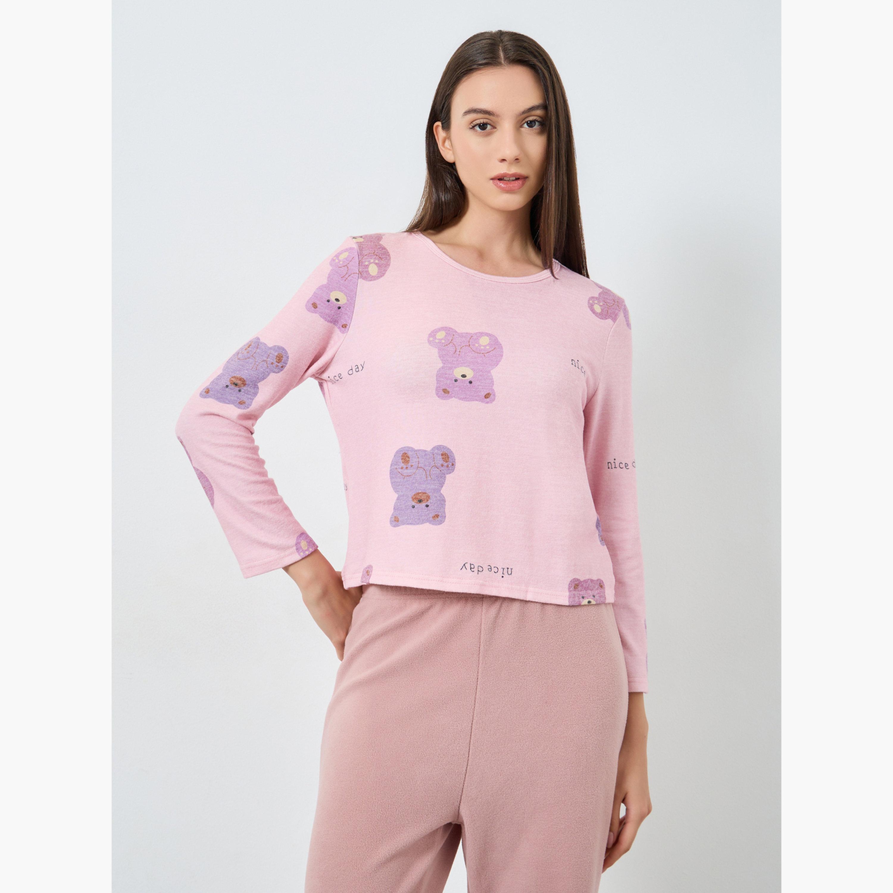 Take Two Cozy Pink Bear Print T-Shirt and Pyjama Set-women-clothing-nightwear-pyjamas-longsets-image-2