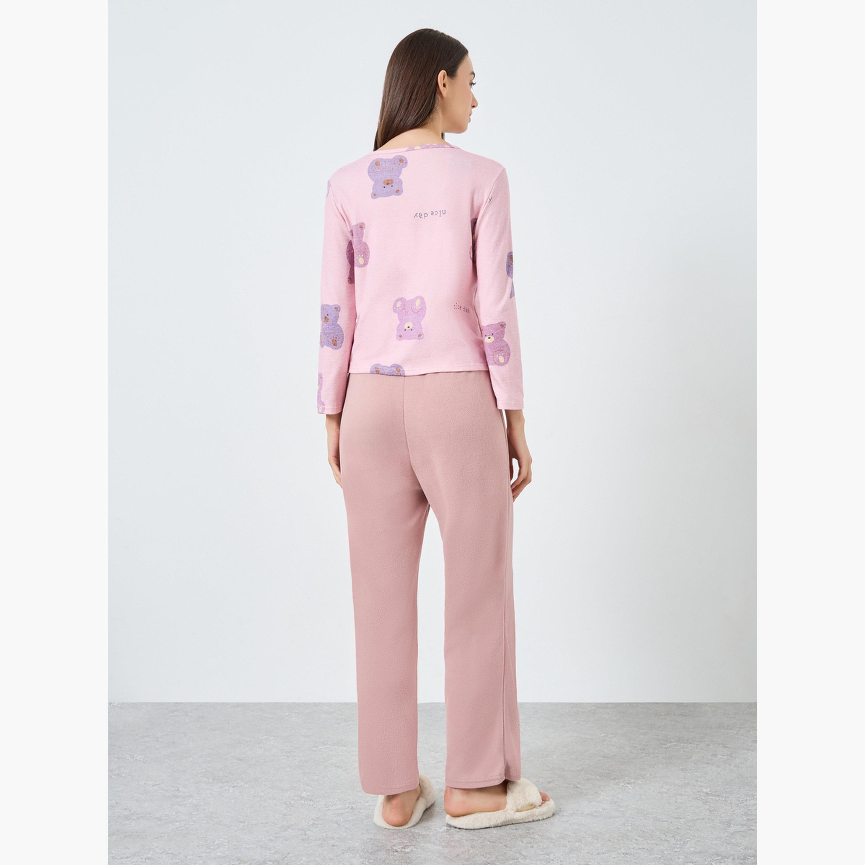 تيك تو - بيجاما تي شيرت بطبعة دب وردي دافئ-women-clothing-nightwear-pyjamas-longsets-image-3
