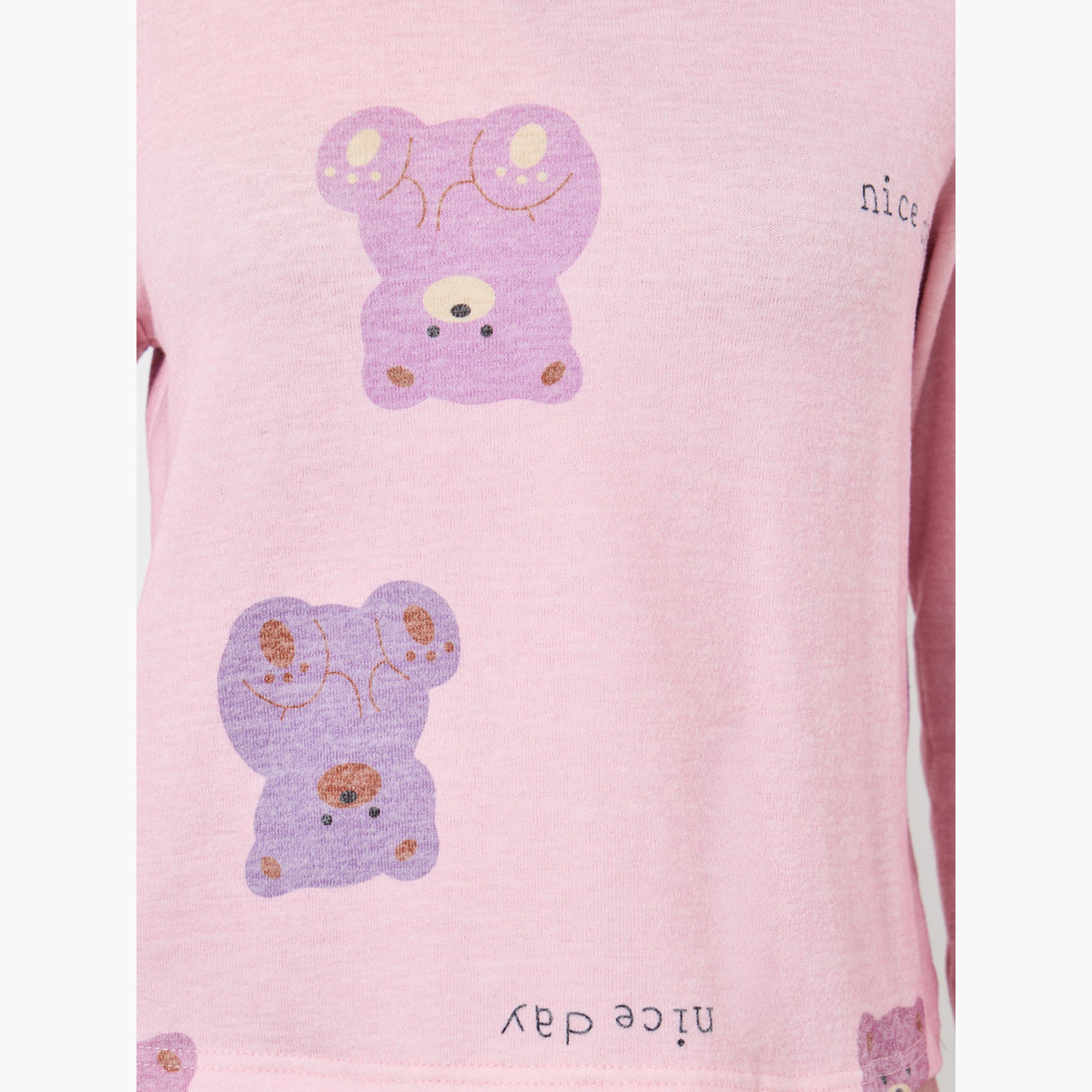 تيك تو - بيجاما تي شيرت بطبعة دب وردي دافئ-women-clothing-nightwear-pyjamas-longsets-image-5