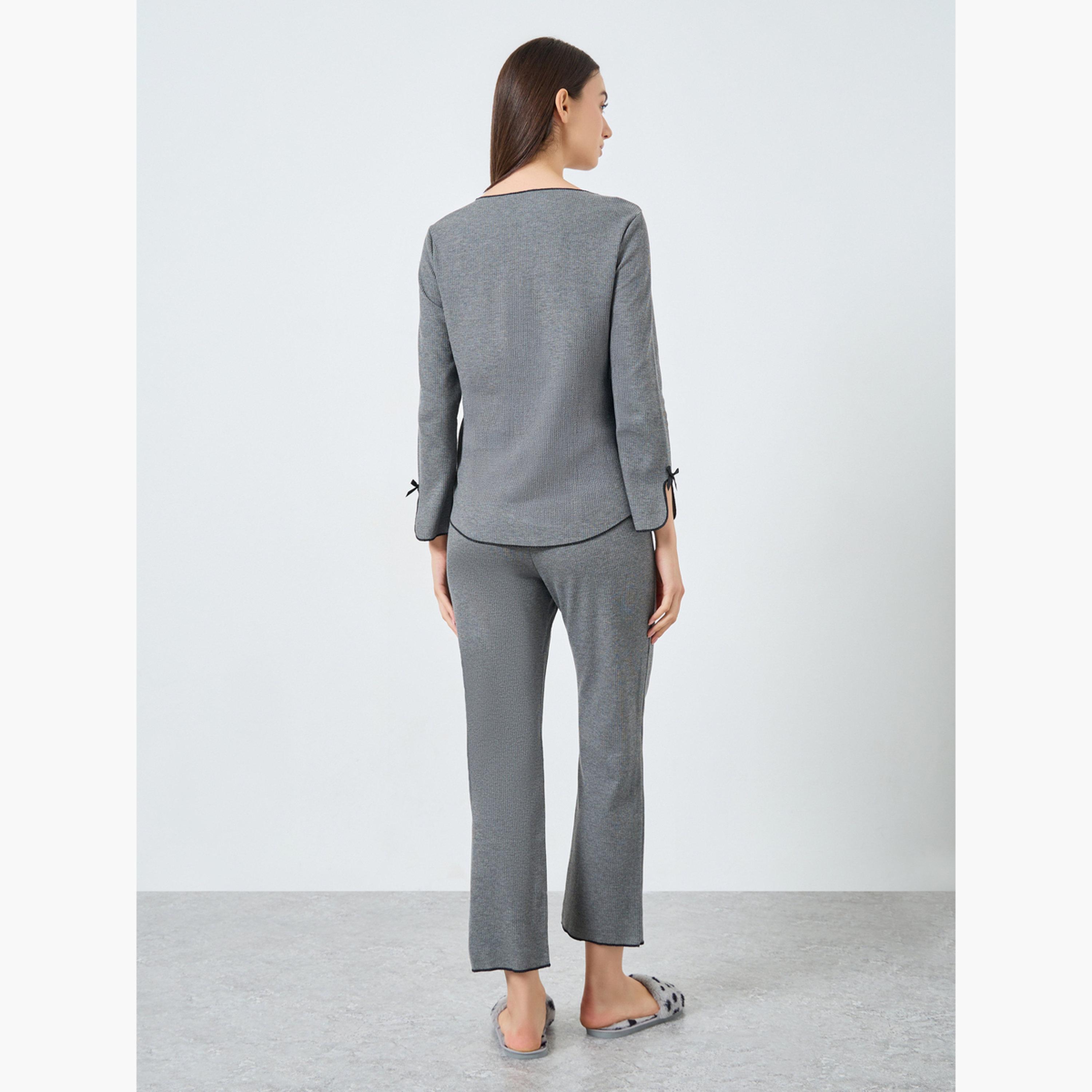 Take Two Bow Detail V Neck Knit T-Shirt and Pyjama Set-women-clothing-nightwear-pyjamas-longsets-image-3