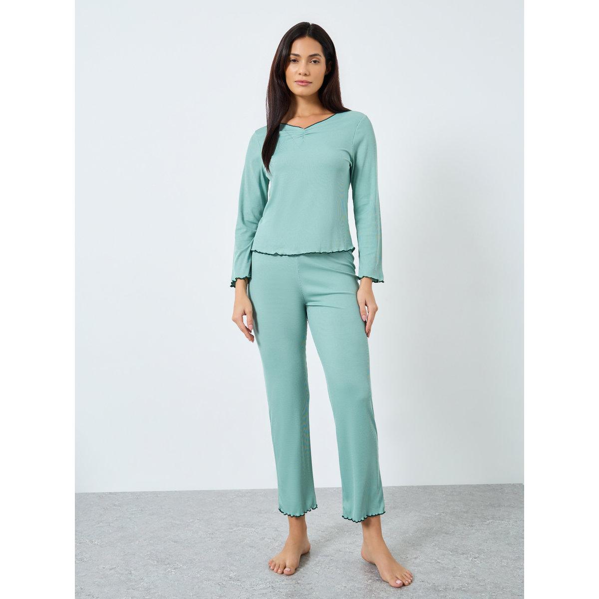 Take Two Green Ribbed Ruffle Hem T-Shirt and Pyjama Set-women-clothing-nightwear-pyjamas-longsets-image-2