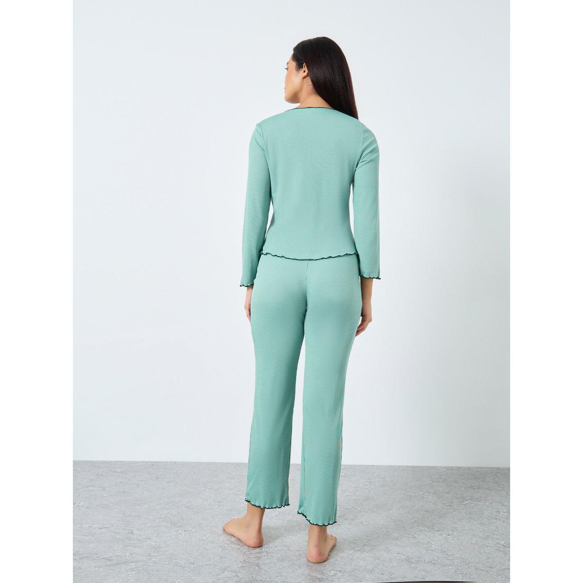 Take Two Green Ribbed Ruffle Hem T-Shirt and Pyjama Set-women-clothing-nightwear-pyjamas-longsets-image-4