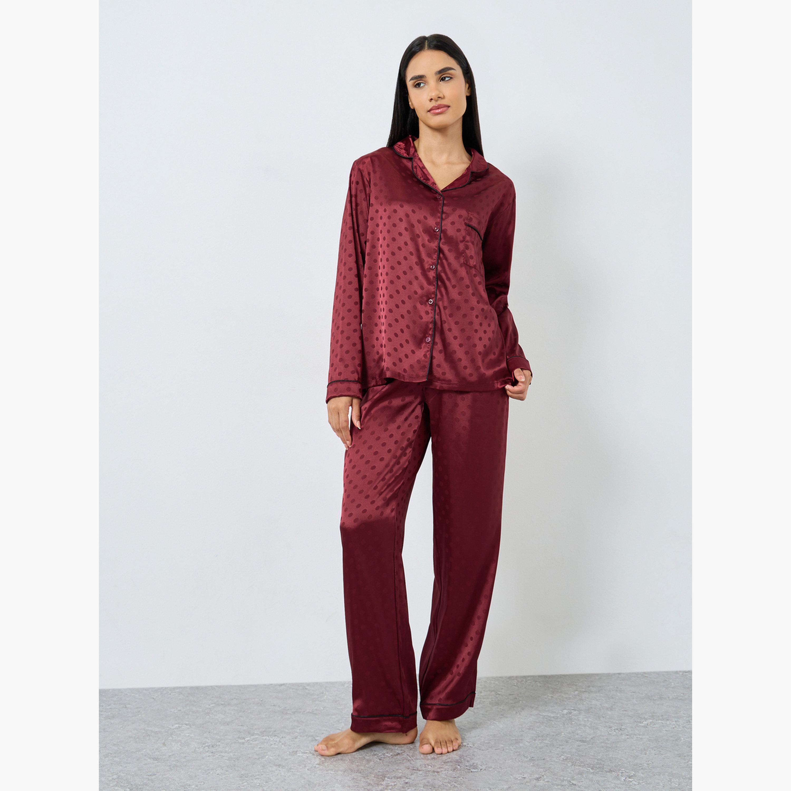 ستايلي - بيجاما بقميص منقط من الساتان مع بنطال جينز بقصة مستقيمة للنساء-women-clothing-nightwear-pyjamas-longsets-image-1