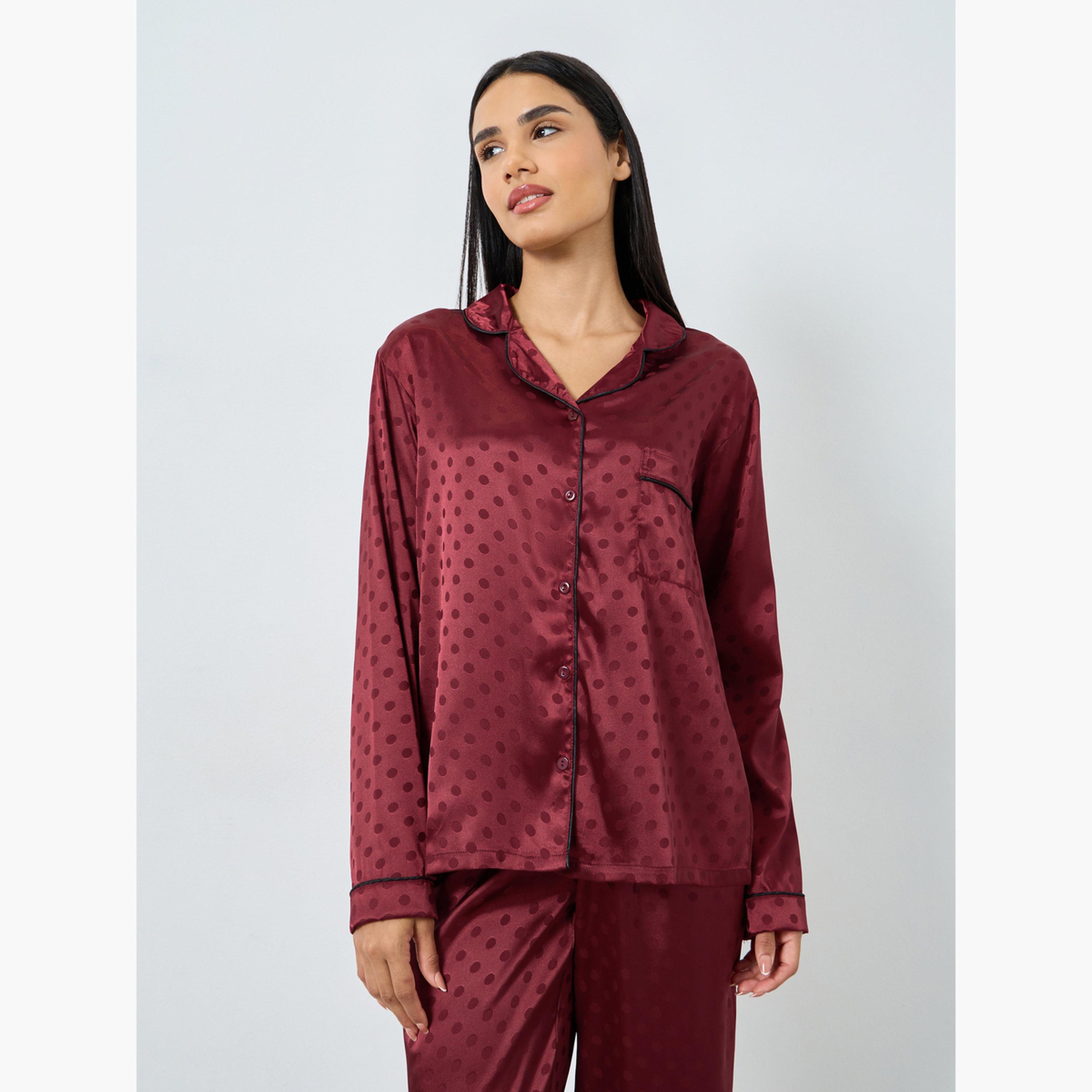 ستايلي - بيجاما بقميص منقط من الساتان مع بنطال جينز بقصة مستقيمة للنساء-women-clothing-nightwear-pyjamas-longsets-image-3