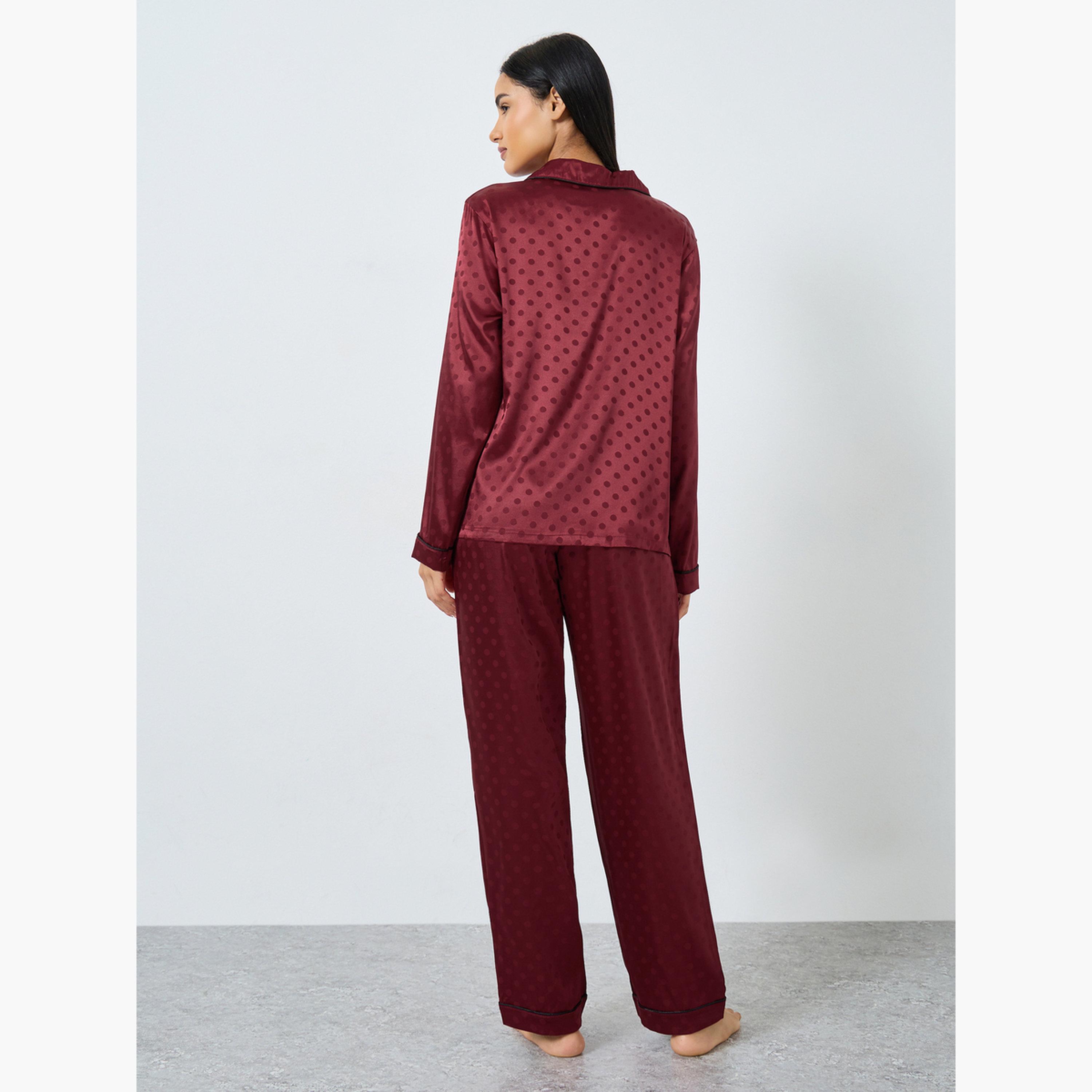 ستايلي - بيجاما بقميص منقط من الساتان مع بنطال جينز بقصة مستقيمة للنساء-women-clothing-nightwear-pyjamas-longsets-image-5
