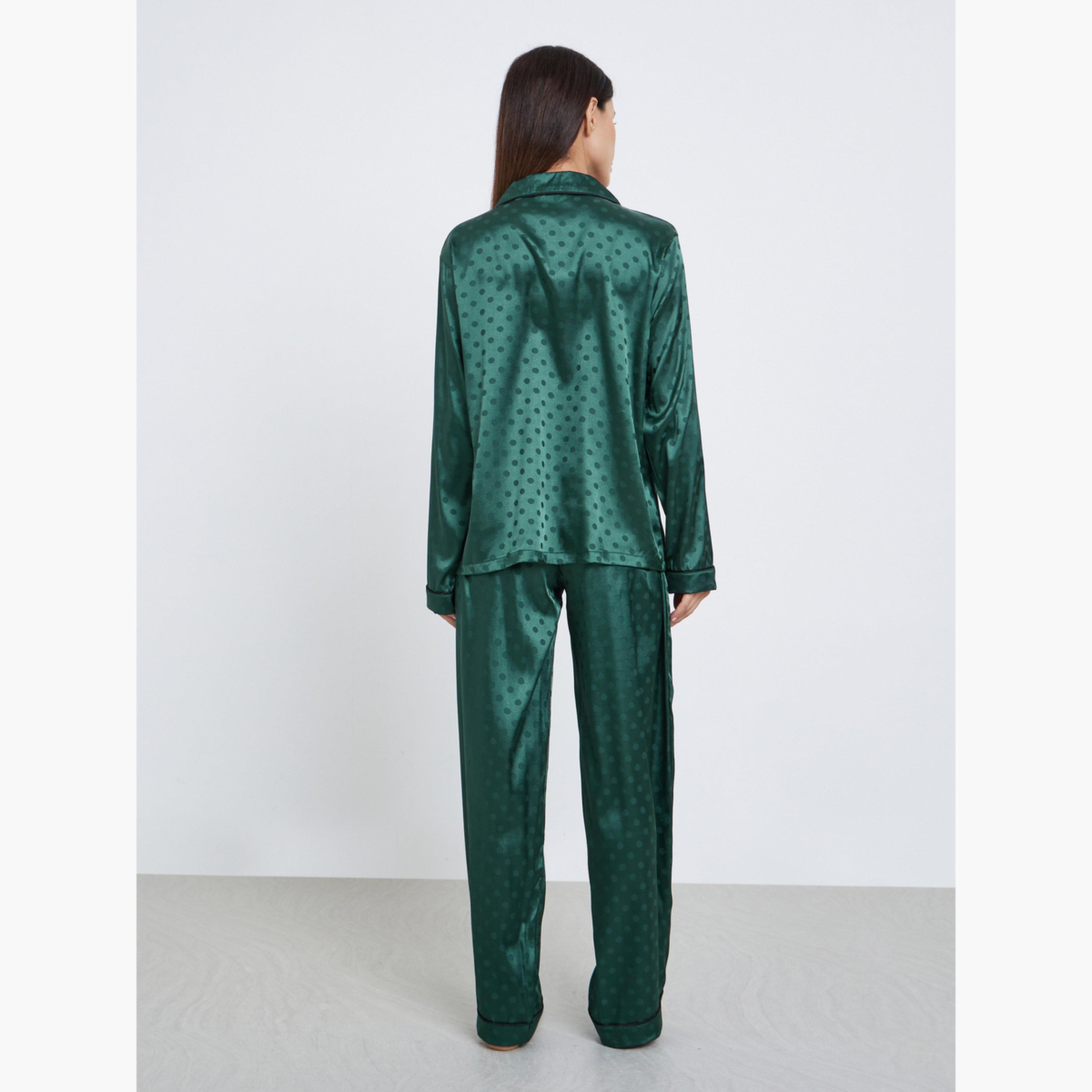 Styli Satin Polka Dot Jacquard Shirt and Straight Leg Pyjama Set-women-clothing-nightwear-pyjamas-longsets-image-4