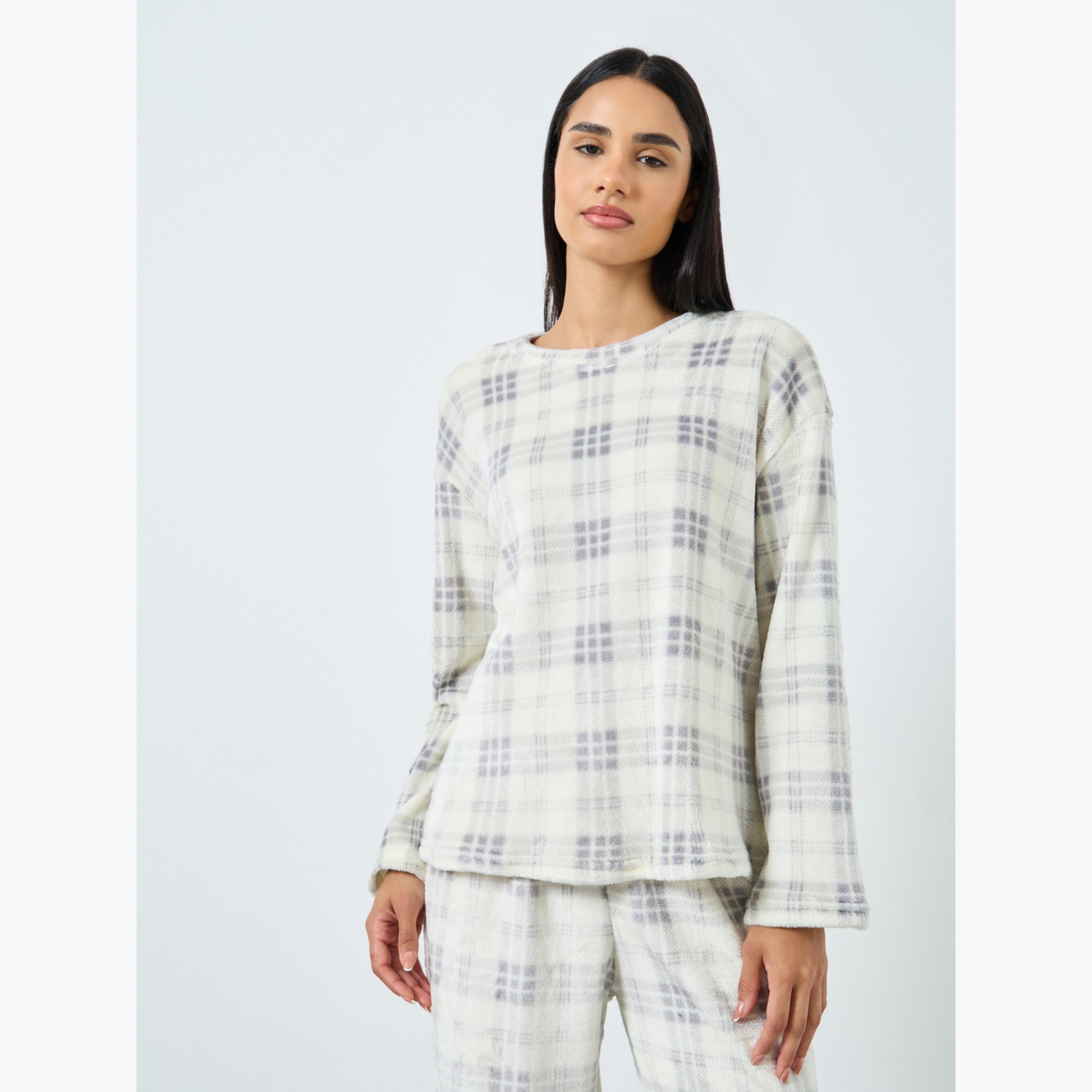 Styli Check Fleece Top and Straight Pyjama Set-women-clothing-nightwear-pyjamas-longsets-image-3