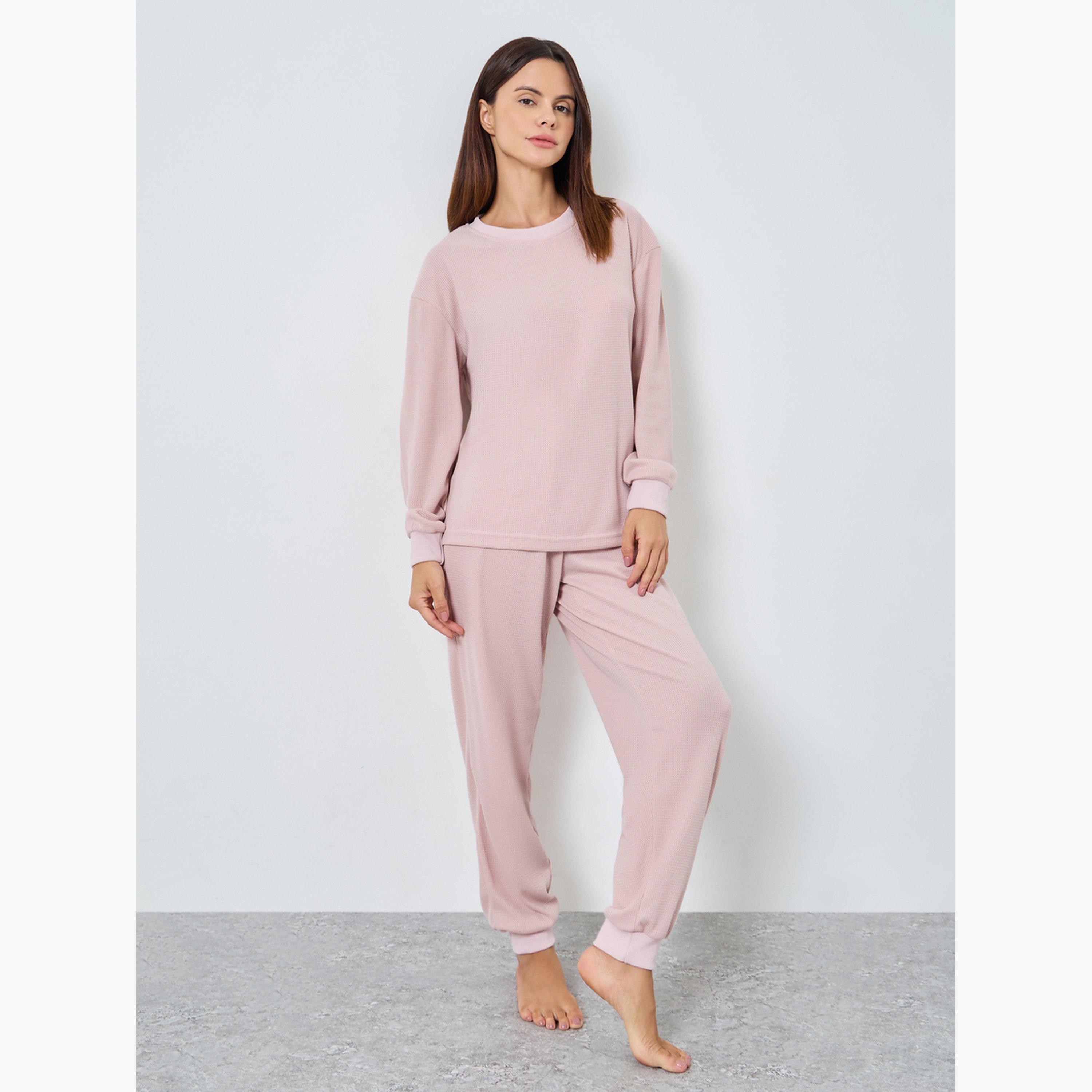 ستايلي - بيجاما قميص محبوك نقشة الوافل للنساء-women-clothing-nightwear-pyjamas-longsets-image-1