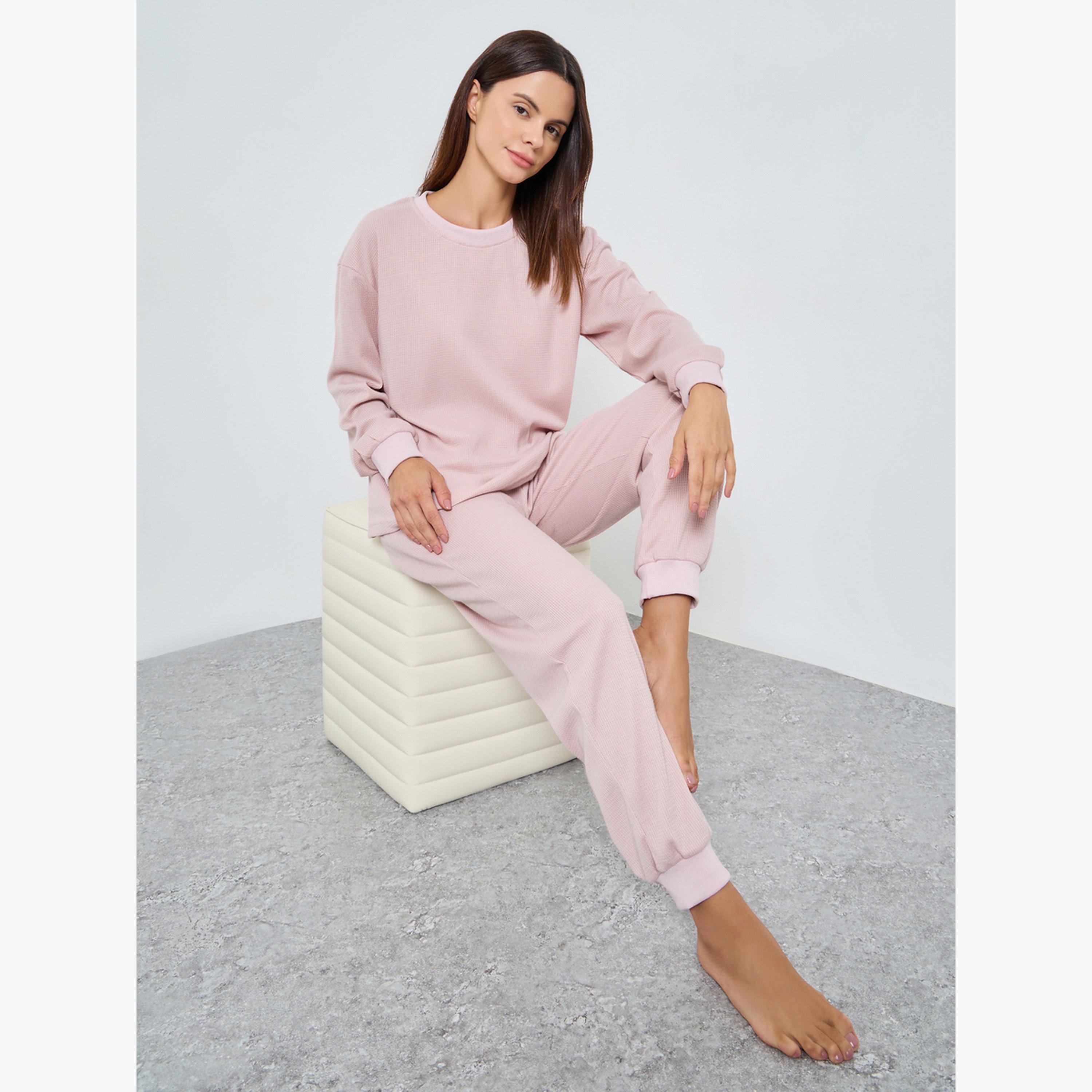 ستايلي - بيجاما قميص محبوك نقشة الوافل للنساء-women-clothing-nightwear-pyjamas-longsets-image-2