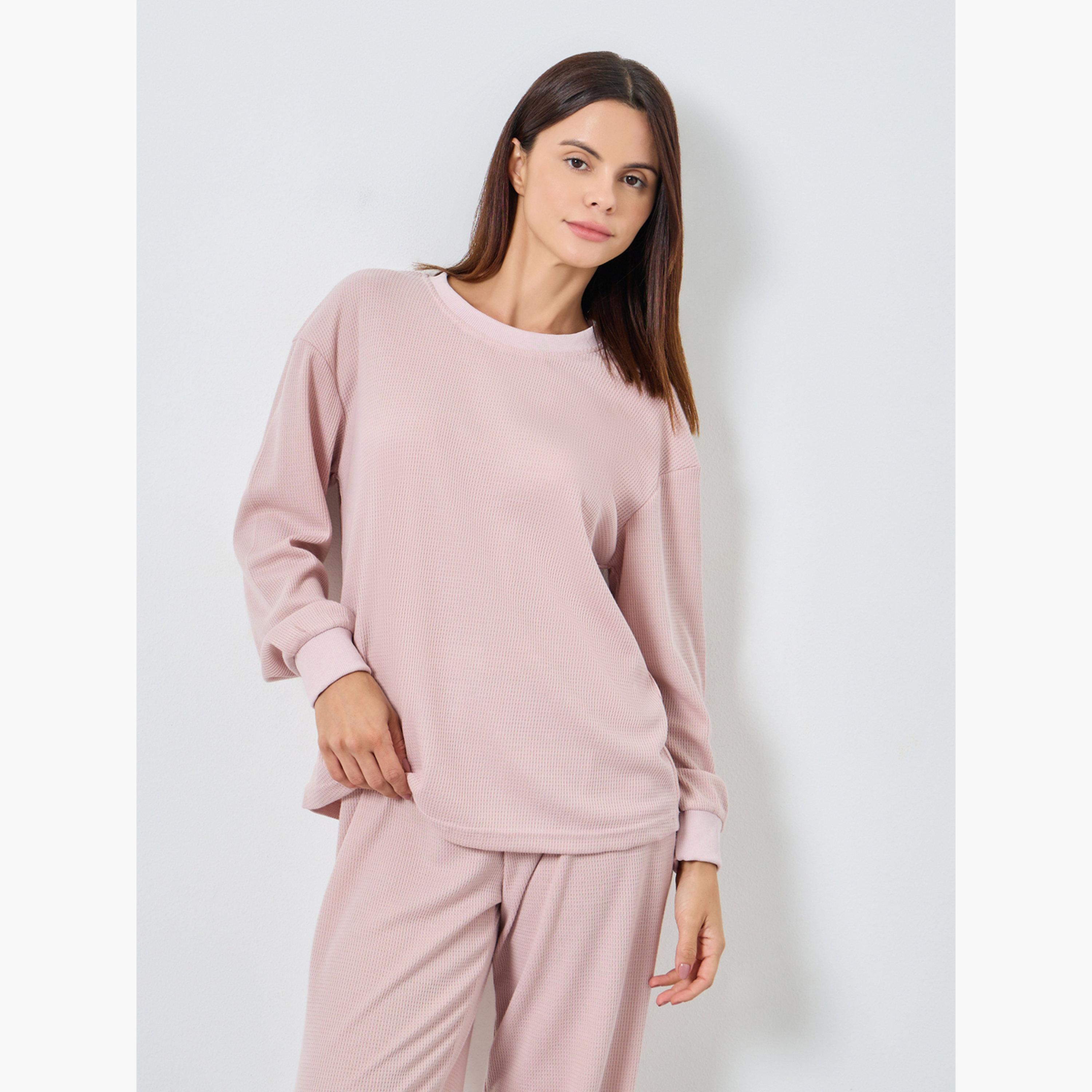 ستايلي - بيجاما قميص محبوك نقشة الوافل للنساء-women-clothing-nightwear-pyjamas-longsets-image-3