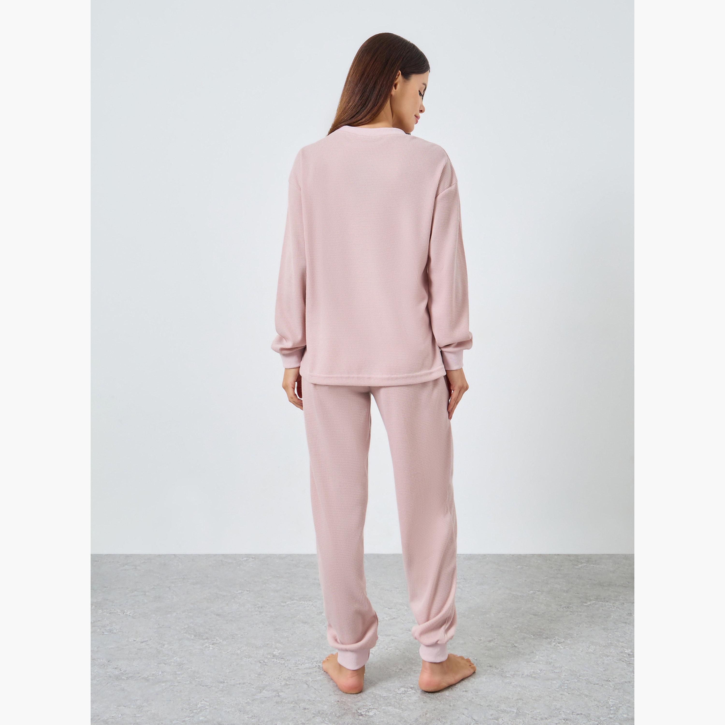 ستايلي - بيجاما قميص محبوك نقشة الوافل للنساء-women-clothing-nightwear-pyjamas-longsets-image-4
