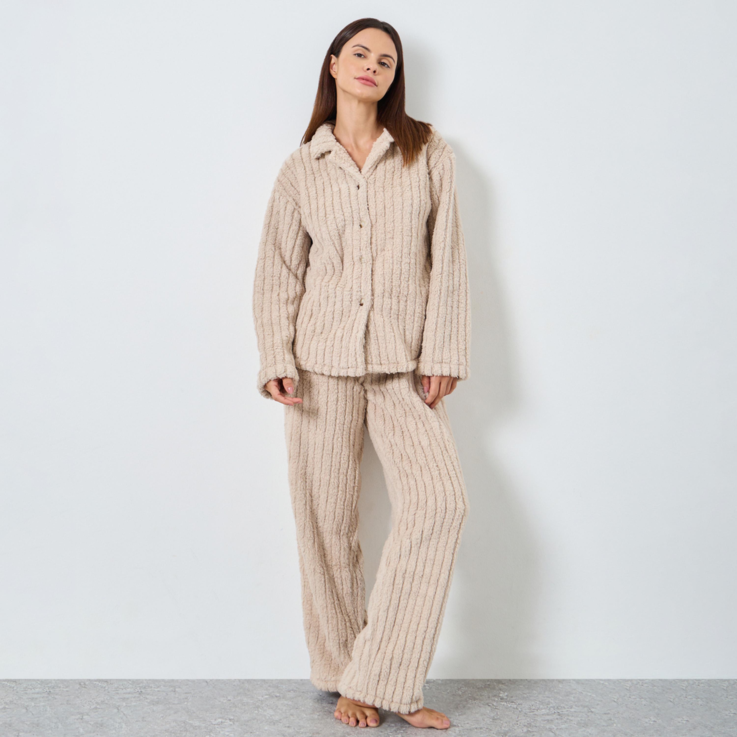Styli Chunky Rib Button Placket Shirt and Pyjama Set-women-clothing-nightwear-pyjamas-longsets-image-1